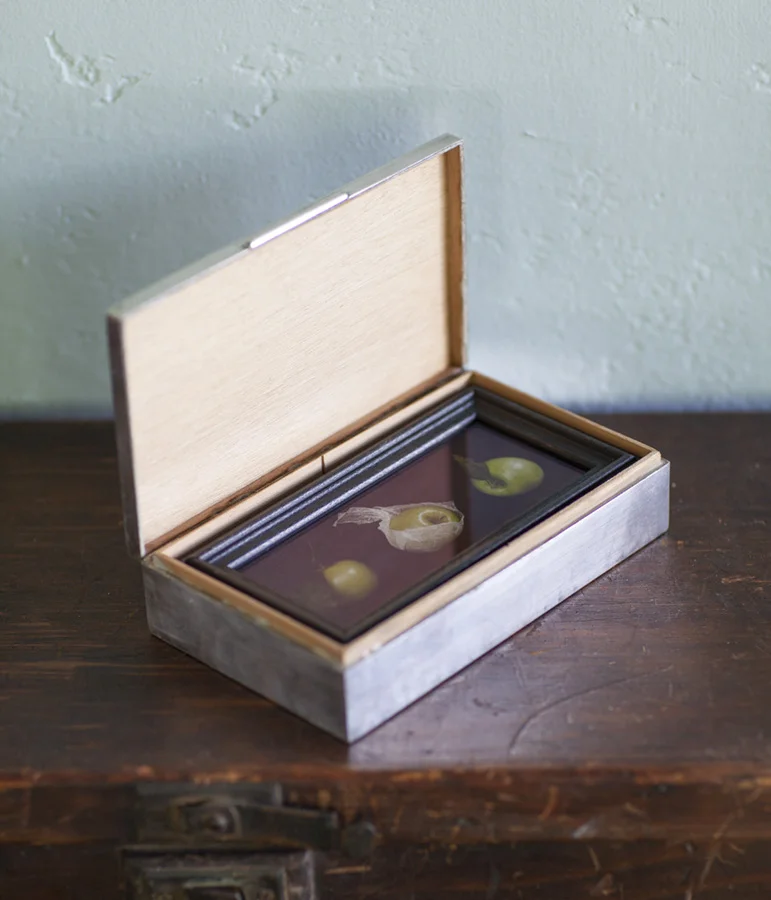 Jonathan's Orchard Pigment print, artist made frame & vintage silver box