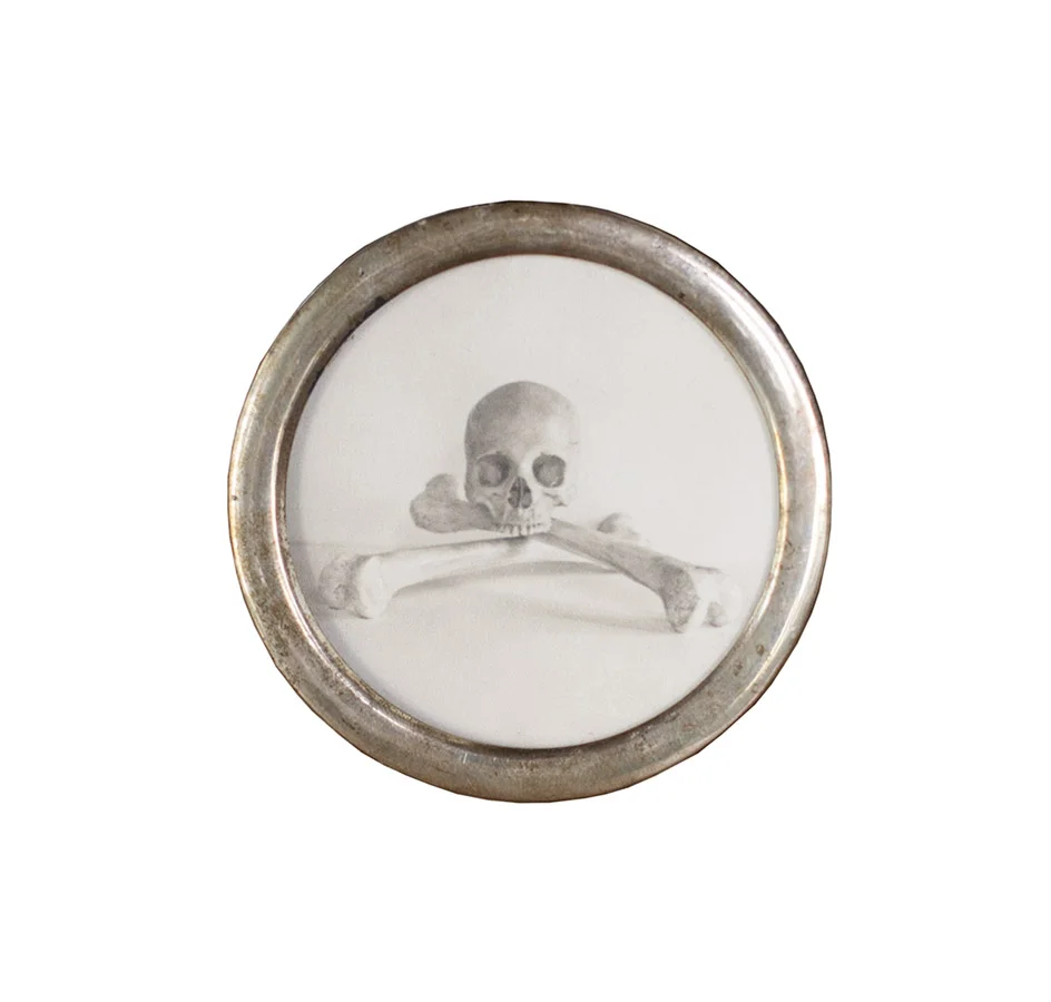 Skull & Crossbones pigment print, antique silver frame 2" diameter