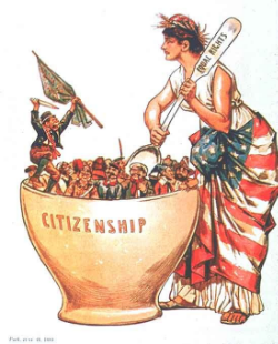 Propoganda Afişi: Göçmenleri "Eşit Haklar" kaşığıyla karıştırıp karıştırıp "Yurttaşlık" potasında eriten Amerikalı Adalet Hanım