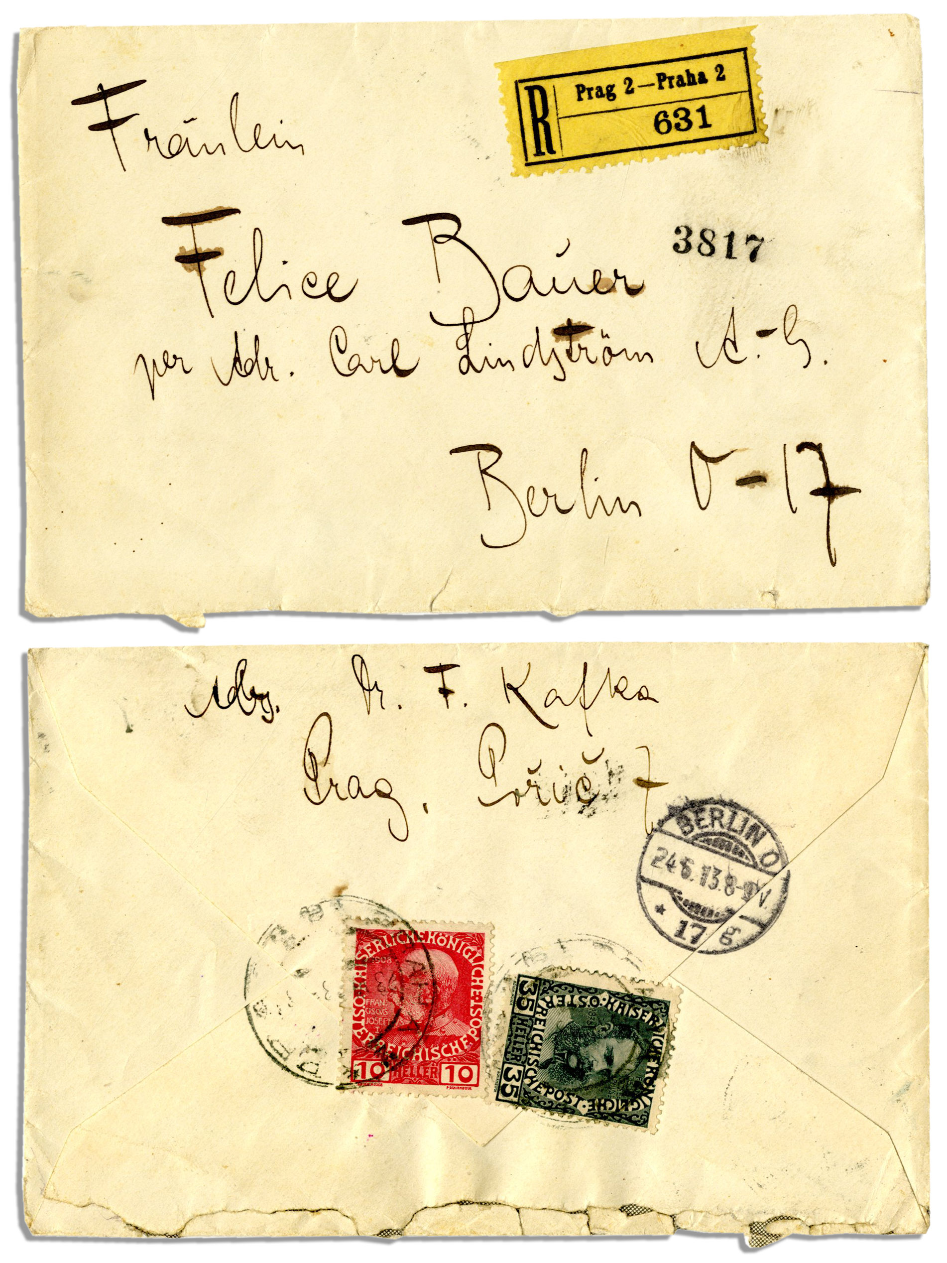 Kafka'nın Bauer'e neden evlenemeyeceklerini anlattığı mektubun zarfı. Kafka'nın zor bulunur kendi el yazısıyla imzasıyla zarf 9.582 dolara satıldı.