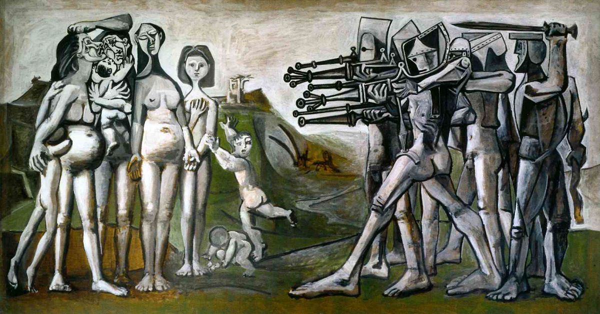 Picasso, Kore'de Katliam, 1951: Absürt resimlerine örnek. Picasso, oyuncuklarıyla elde etmeyi amaçladığı etkinin tersi ortraya çıkmış ve resim katliam havasını yitirmiş.