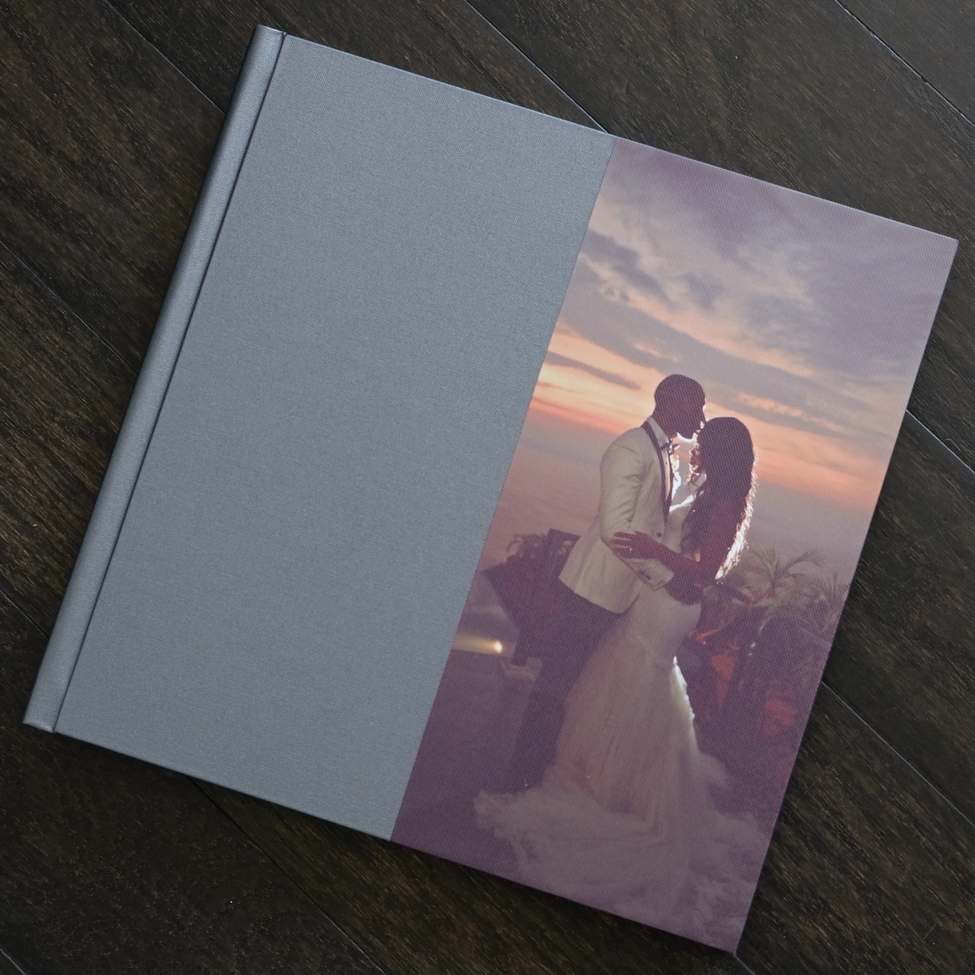 Jacquee and Desmond’s island wedding was so idyllic that they couldn’t resist putting their favorite shot as a canvas print. The sunset contrasted nicely against our grey Buckram cover making their wedding album timeless and unique.