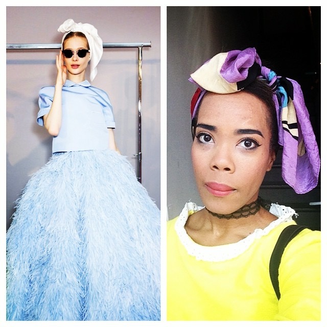 Inspired by the Giambattista Valli’s 2014 summer hair wraps–Scarf from American Apparel; early 70s yellow bell-sleeved micro mini dress from Beacon’s Closet, NYC