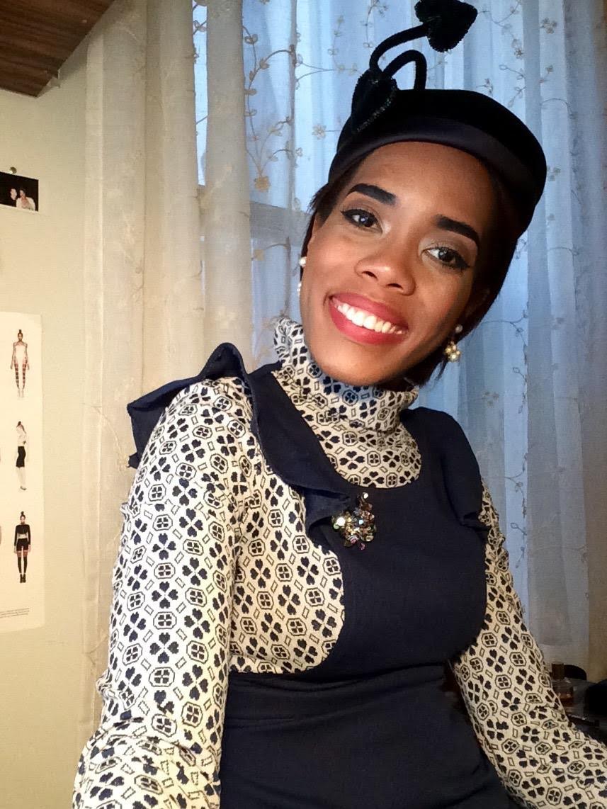 Blue early 70s micro mini dress from Beacon’s Closet, NYC; aurora borealis brooch from 1 of a Find Vintage, Brooklyn; heirloom pearl earrings; navy blue pillbox hat with hearts from vendor at the Manhattan Vintage Show