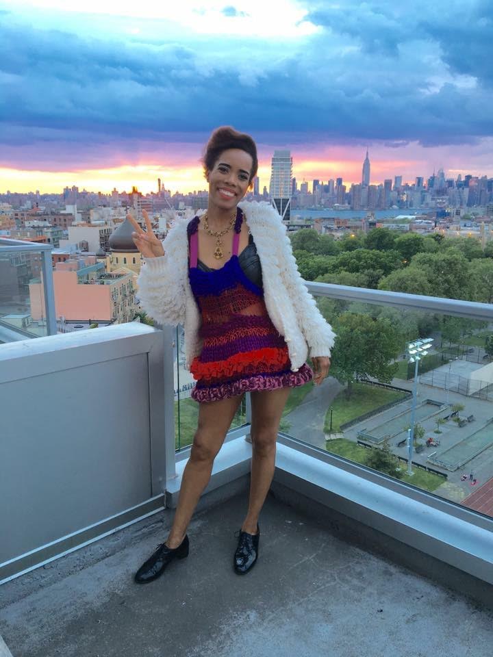 Knit dress, designed by Pratt Fashion graduate Ariel Tidhar (BFA ’16); black leather bustier from Ahab Bowen, Dallas, TX; 80s white shag sweater from 1 of a Find Vintage, Brooklyn; black patent leather Oxford pumps from Camper, SoHo, NY; vintage brutalist gold necklace from 1 of a Find Vintage, Brooklyn; Photo Credit: Sara Idacavage