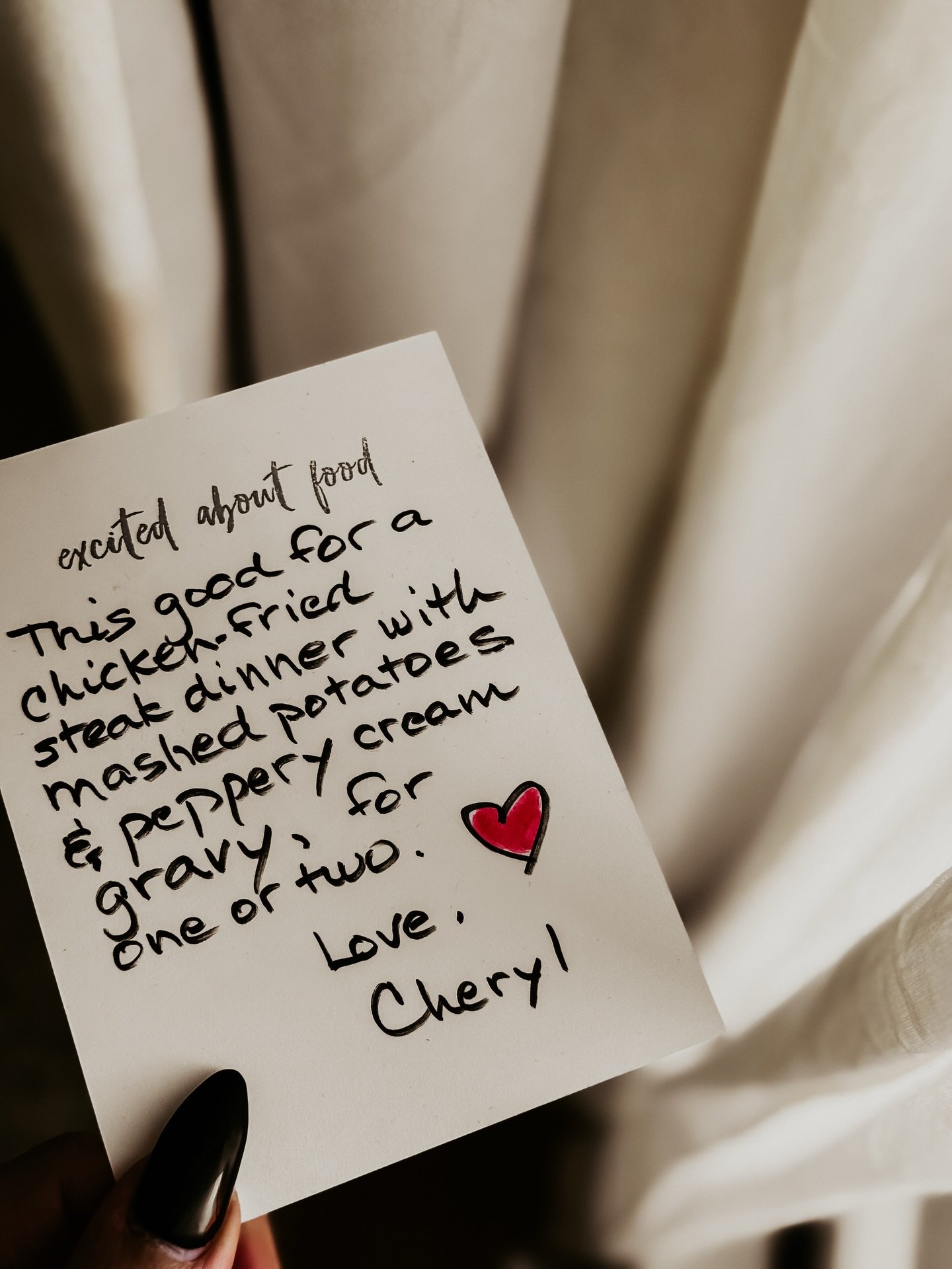 This one stopped me.

For my birthday, @cherylisexcitedaboutfood gave me a handwritten gift card for my favorite meal on earth &mdash; chicken fried steak, mashed potatoes, peppery cream gravy. The exact plate that feels like home to me.

And it wasn