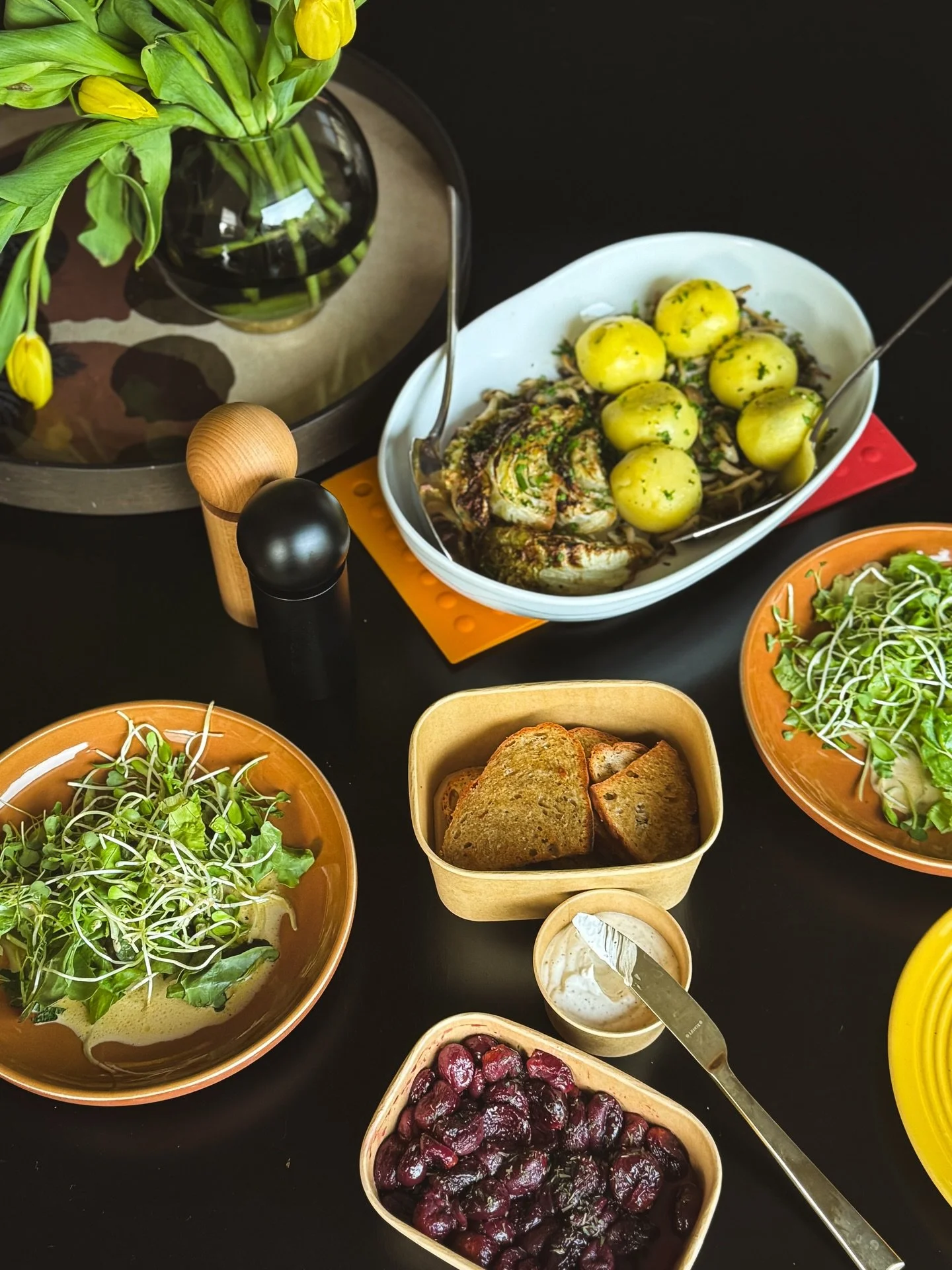 A hectic dayhandled&mdash;and actually worth sitting down for.

This week was a vegetarian Austrian menu: enoki-stuffed potato dumplings, melted cabbage, saffron velout&eacute;, and roasted grape crostini with house-made cr&egrave;me fra&icirc;che. T