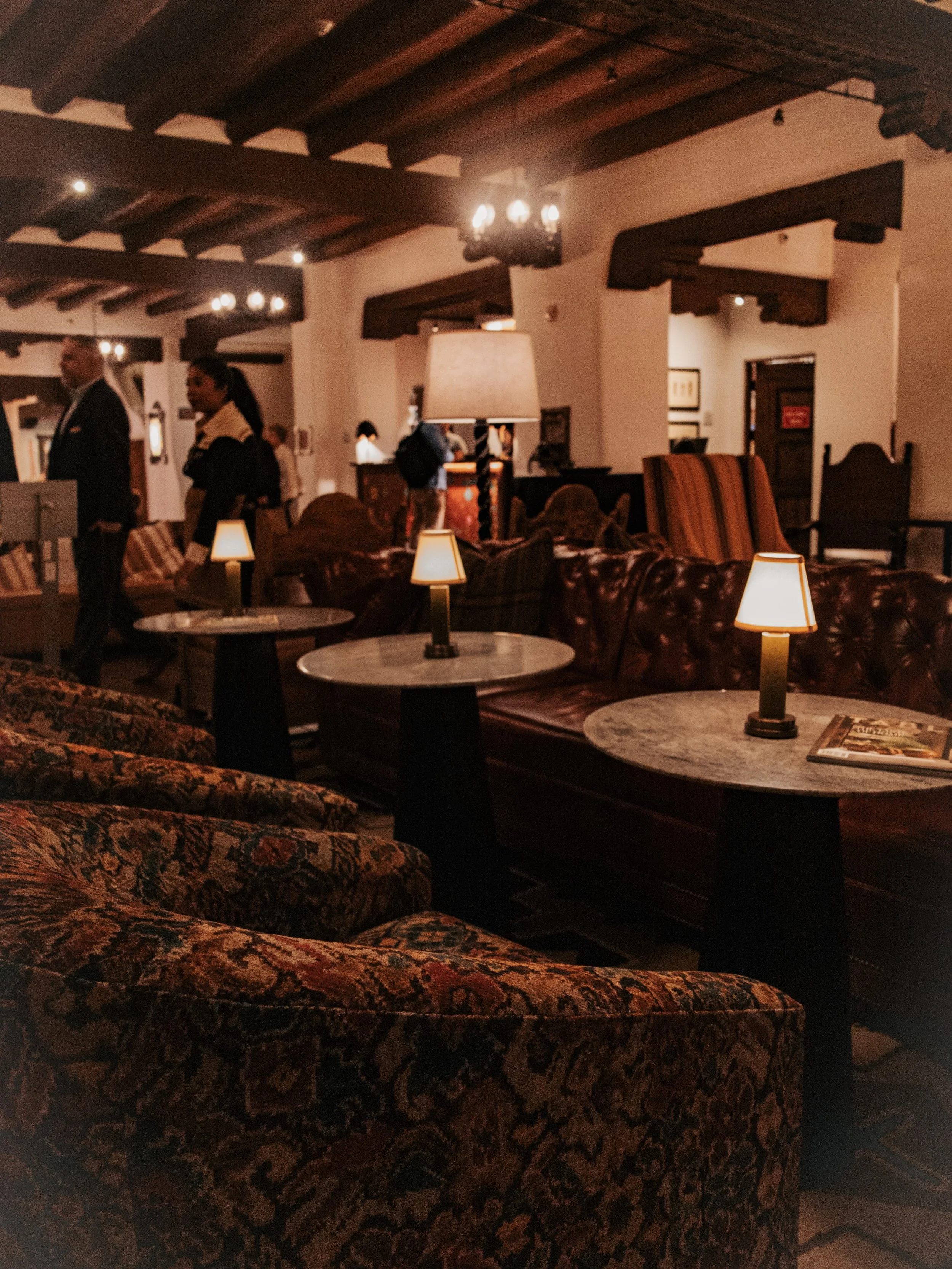 Tuesday night, and a first look at the newly remodeled Bar at @lafondasantafe . And oh, is she beautiful. Deep leather, patterned textiles, tiny table lamps, old Santa Fe details and the kind of room that makes you want to settle in and stay awhile. 