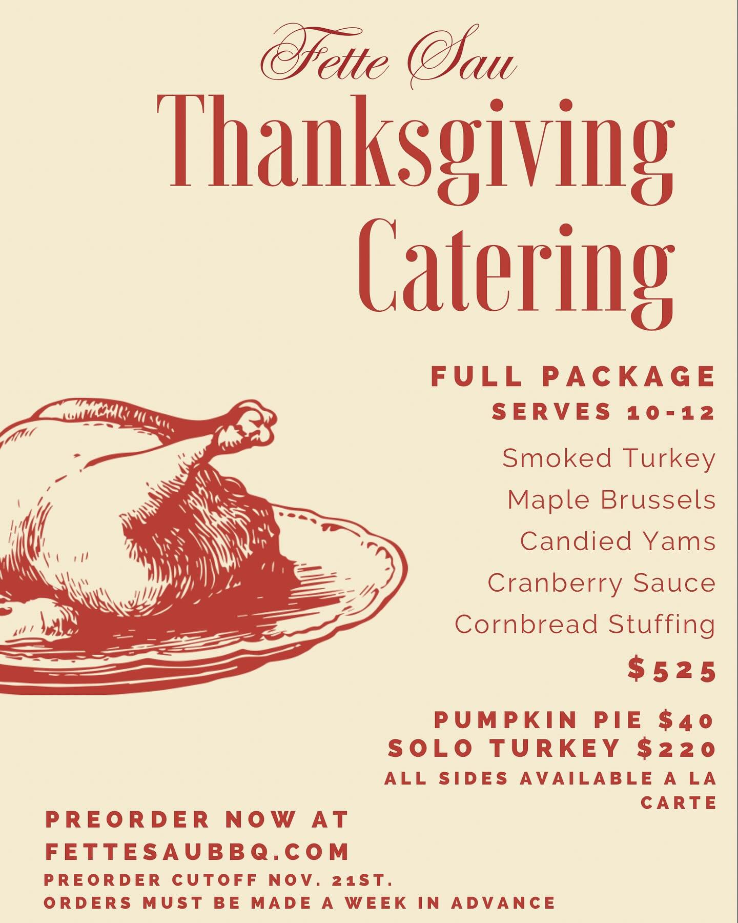 Thanksgiving made easy.. and smoked! Preorders for Thanksgiving packages now available. Send us a DM, email or visit fettesaubbq.com for more info and to lock yours in! 

Don&rsquo;t wait - pre-order by November 21st!