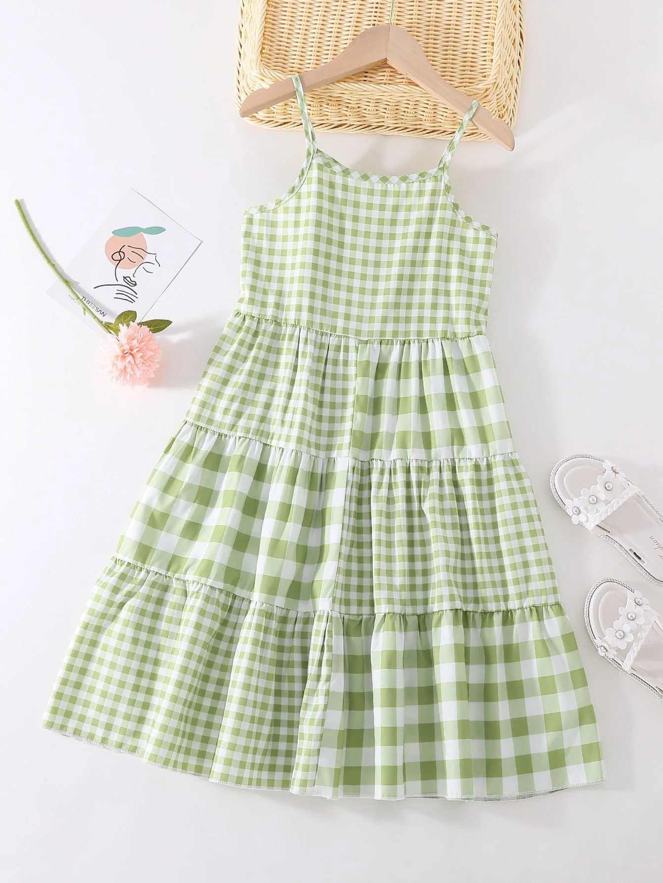 Girls Gingham Print Ruffle Hem Cami Dress.jpeg