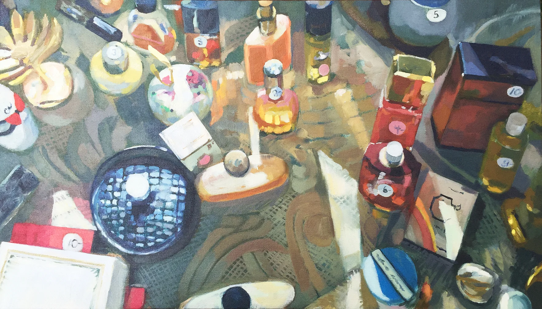  Perfume Bottles. oil on canvas. 16" x 28". 2011. sold.&nbsp;       