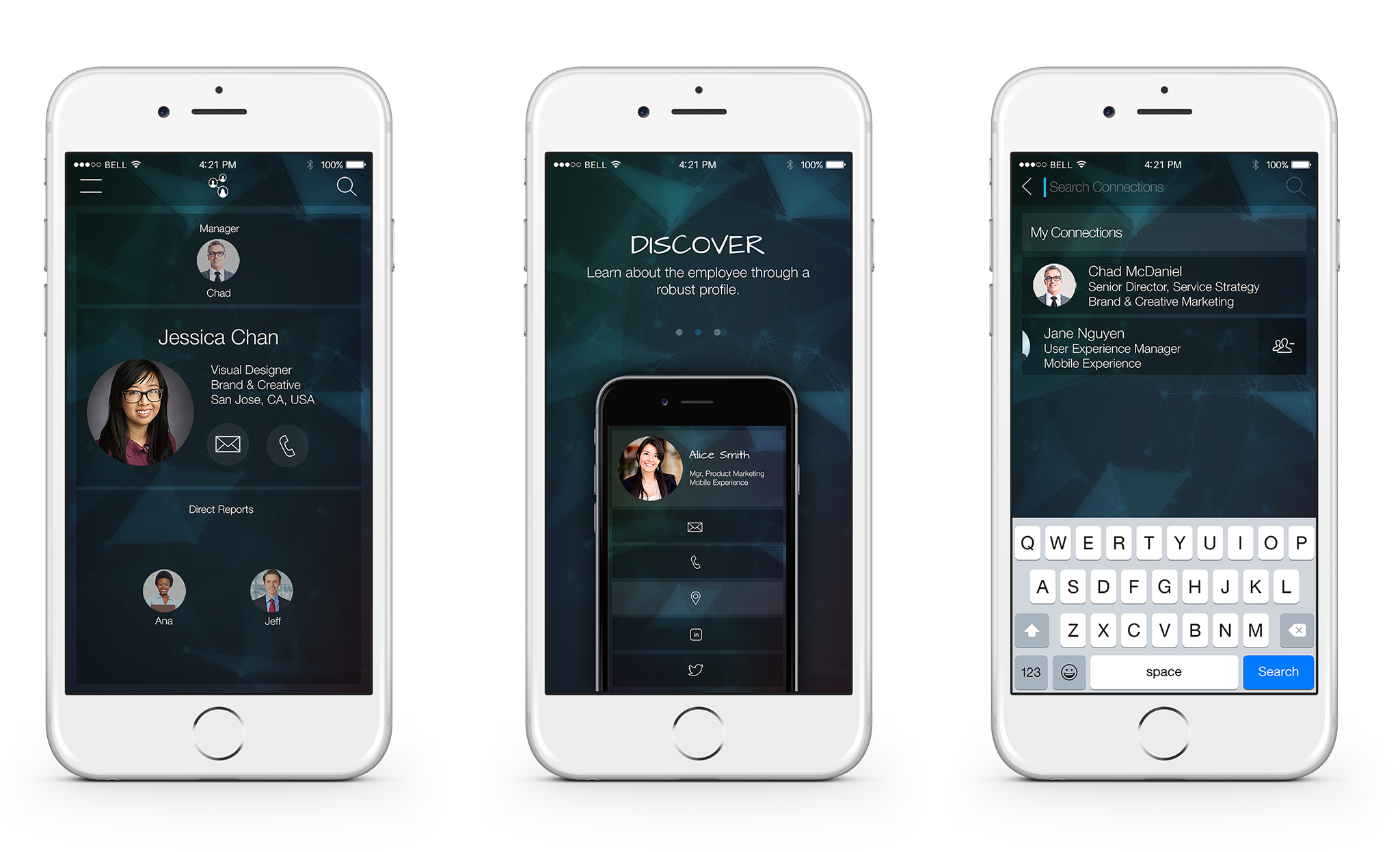 Visual Design The app was inspired by social media sites like LinkedIn and Google+. We kept the org chart structure in the home page to give the users a reference point to themselves and their manager and direct reports. The visuals were based on the EMC branding. 