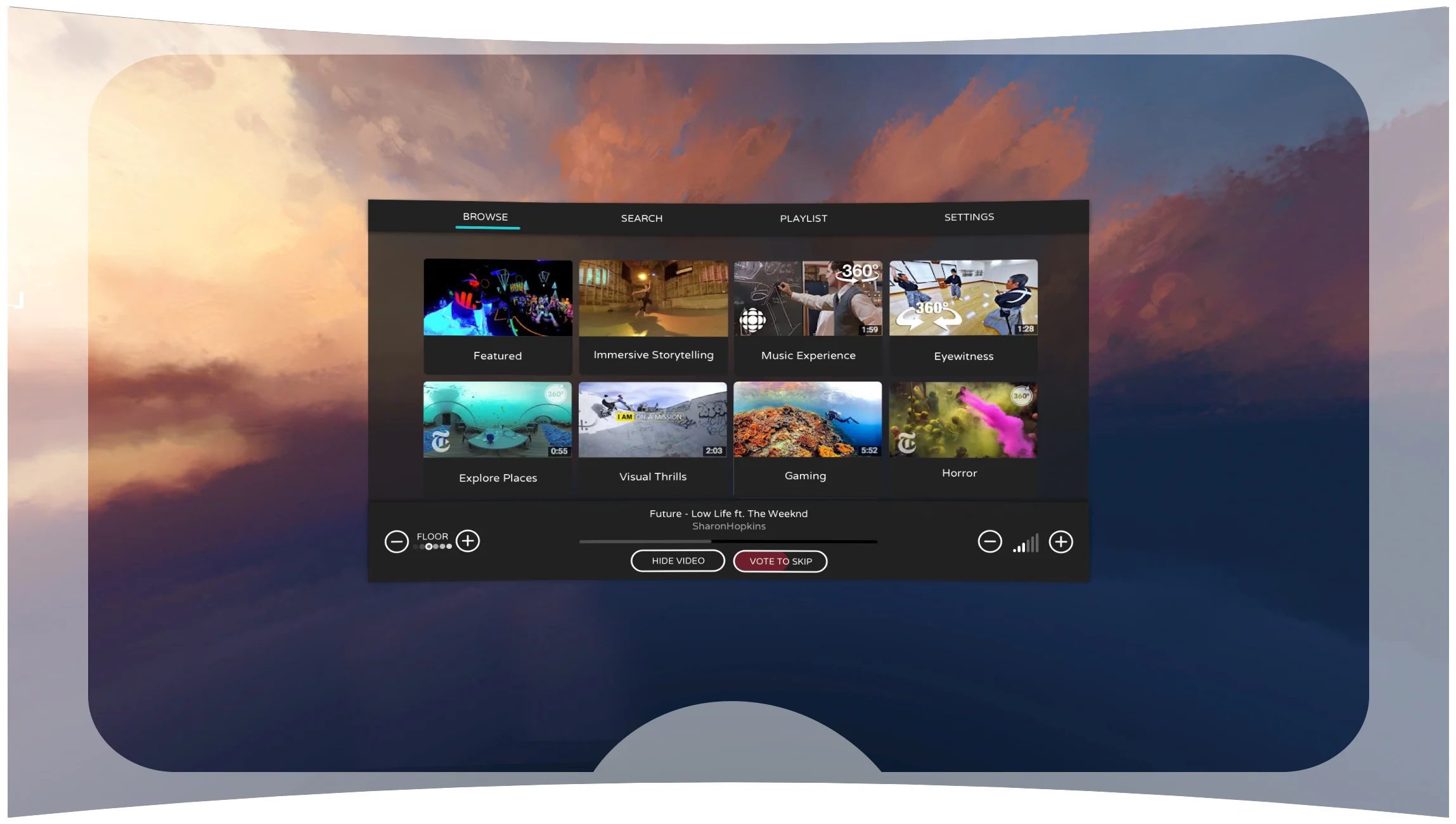 Visual Design I used the card design because it encourages the user to browse in addition to having large hotspots. The buttons are also large to make it easier to click in VR. I emphasized the hover states so that users easily know what they are able to select. 