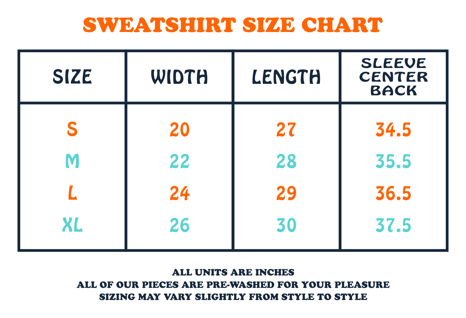 Sweatshirt Size Chart