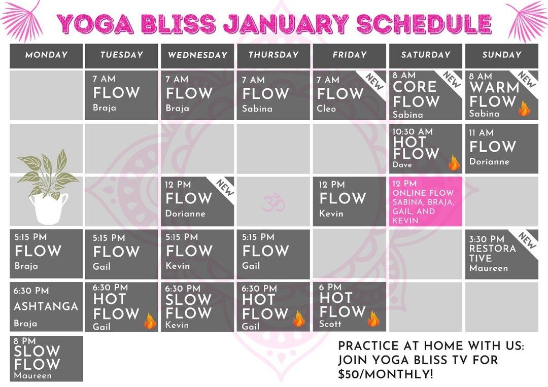 JANUARY IS HERE. BECOME A MEMBER TODAY AND LET'S PRACTICE FOR OUR WELL-BEING. :)

New classes include restorative yoga, core flow, Friday 7 am flow, and more!