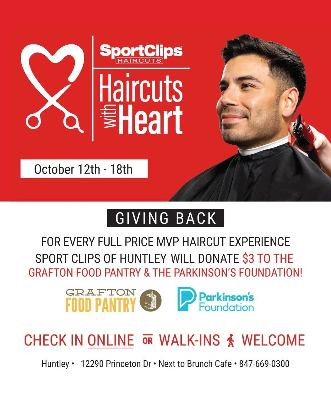💈✂️ Haircuts with Heart is Happening Now at Sport Clips of Huntley! 💛

There&rsquo;s still time to make a difference! Through Saturday, October 18, Sport Clips of Huntley is donating $3 from every full-price MVP Haircut Experience to support the Gr