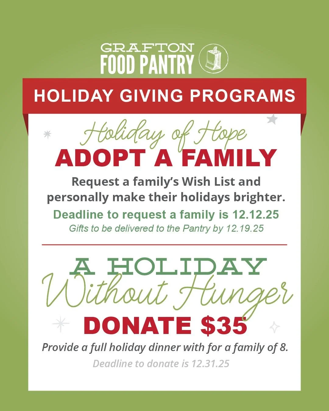 This season, join Grafton Food Pantry in spreading hope and joy to local families through our Holiday of Hope campaign.

✨ Holiday Without Hunger: https://bit.ly/4orR44Y
For just $35, you can provide a complete holiday meal for a family of eight. You