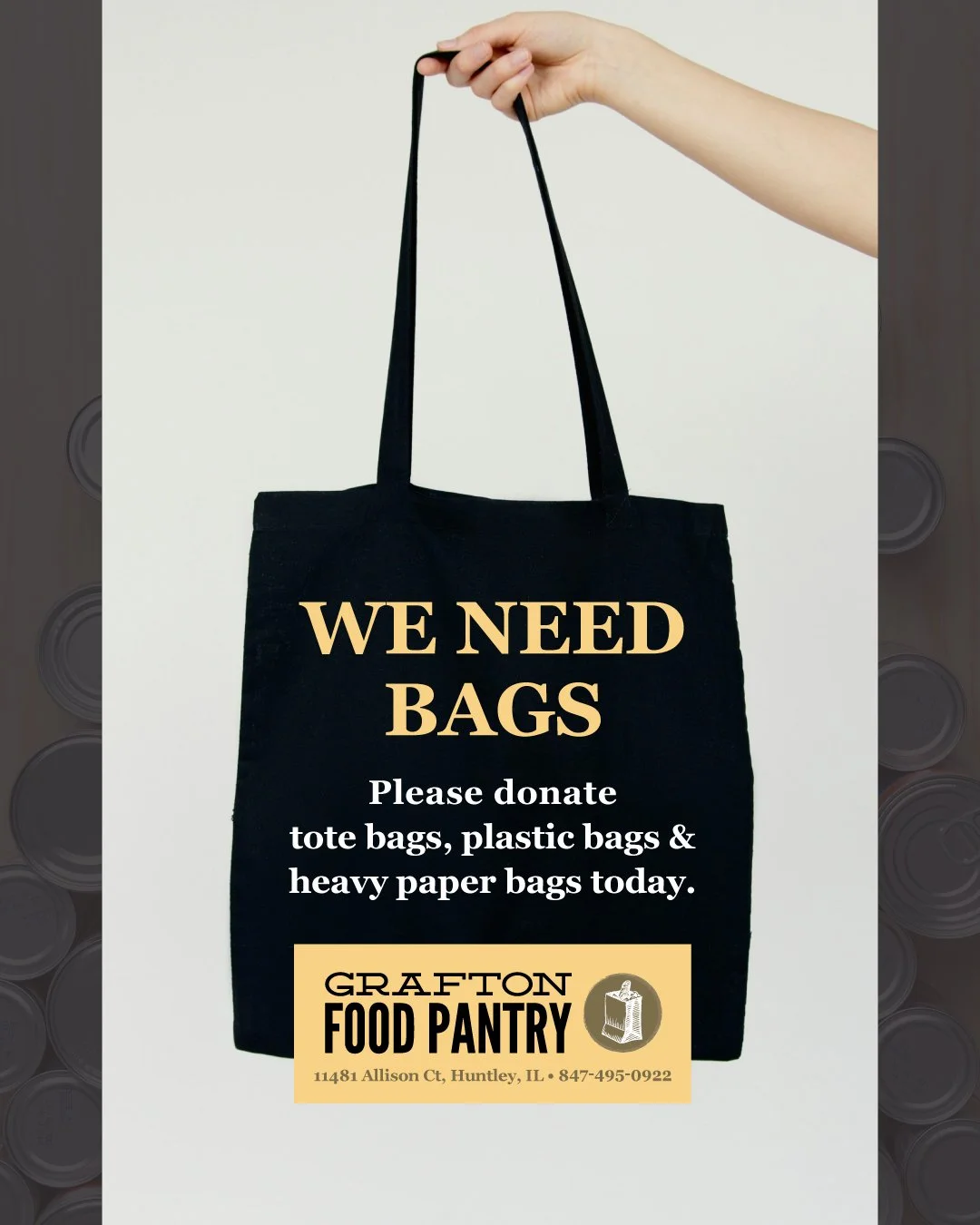We need your help! Grafton Food Pantry is looking for donations of tote bags, plastic bags, and heavy paper bags to support our clients during pantry visits.

Drop your donations off at the Pantry or at one of our many drop boxes located throughout t
