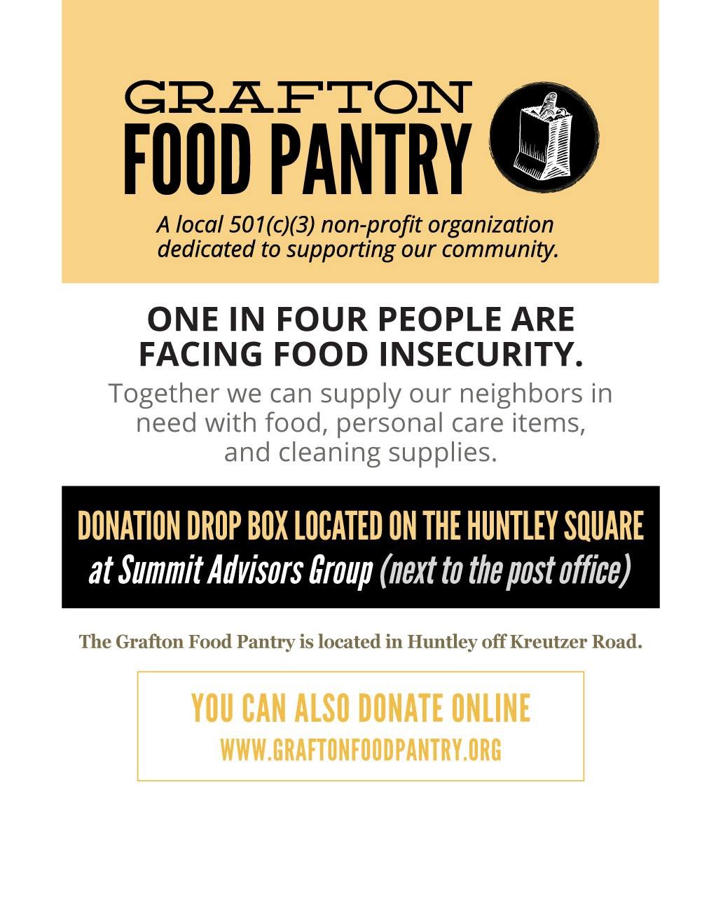 Whether you're donating physical items or making a monetary donation online, together we can help supply our neighbors in need! #GraftonFoodPantry