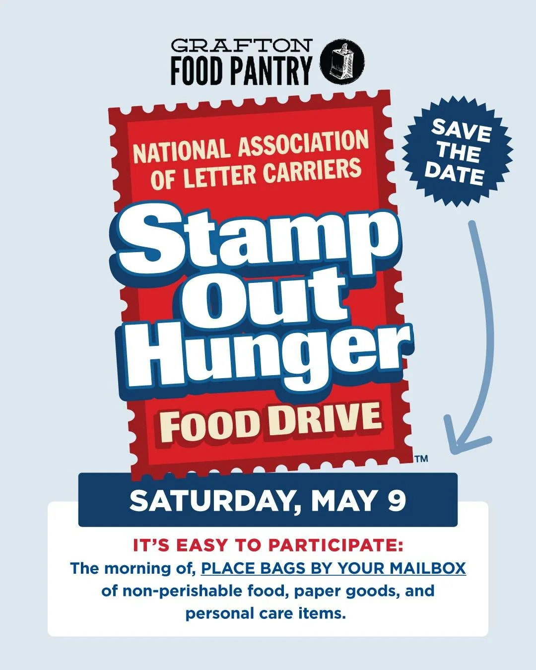 Mark your calendars! 📬 The Stamp Out Hunger Food Drive is coming up on
Saturday, May 9, 2026
This nationwide effort helps support local families right here in our community&mdash;and it&rsquo;s one of the easiest ways to give back.

#StampOutHunger 