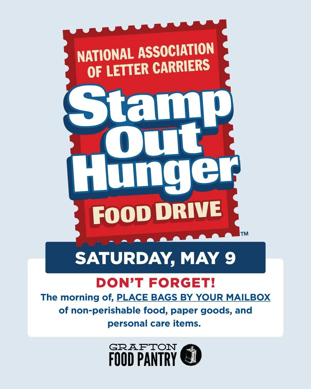 Reminder! 🚨 Tomorrow is Stamp Out Hunger!
Place your donation by your mailbox so your mail carrier can pick it up on Saturday, May 9th.

It&rsquo;s a simple act that helps feed local families&mdash;and it starts right at your doorstep.
Thank you for