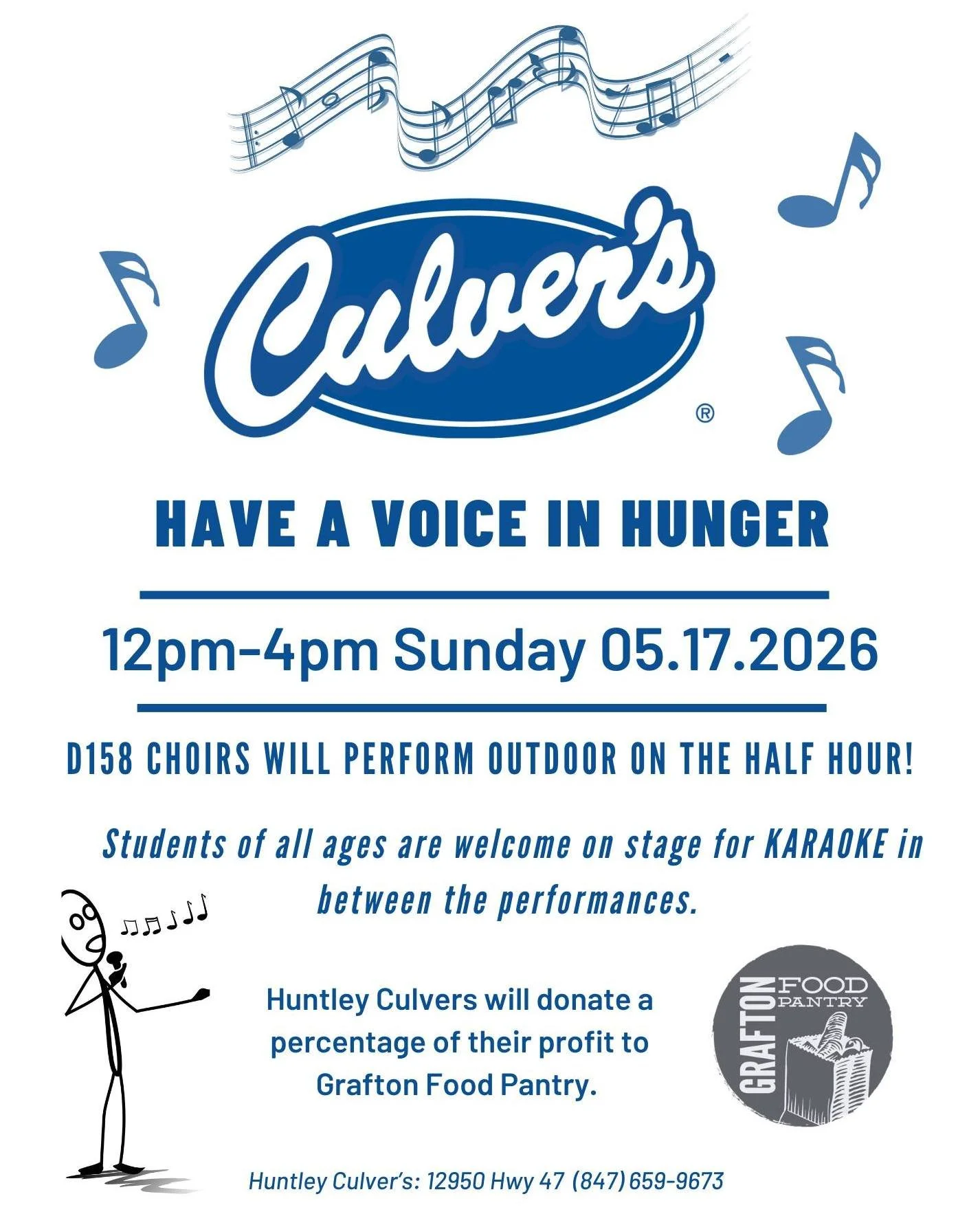 Mark your calendars! 🎶🍦"Have a Voice in Hunger&rdquo; is coming May 17th &mdash; a fun-filled afternoon supporting Grafton Food Pantry. Enjoy live performances from D158 choirs every half hour, plus karaoke for students of all ages in between!