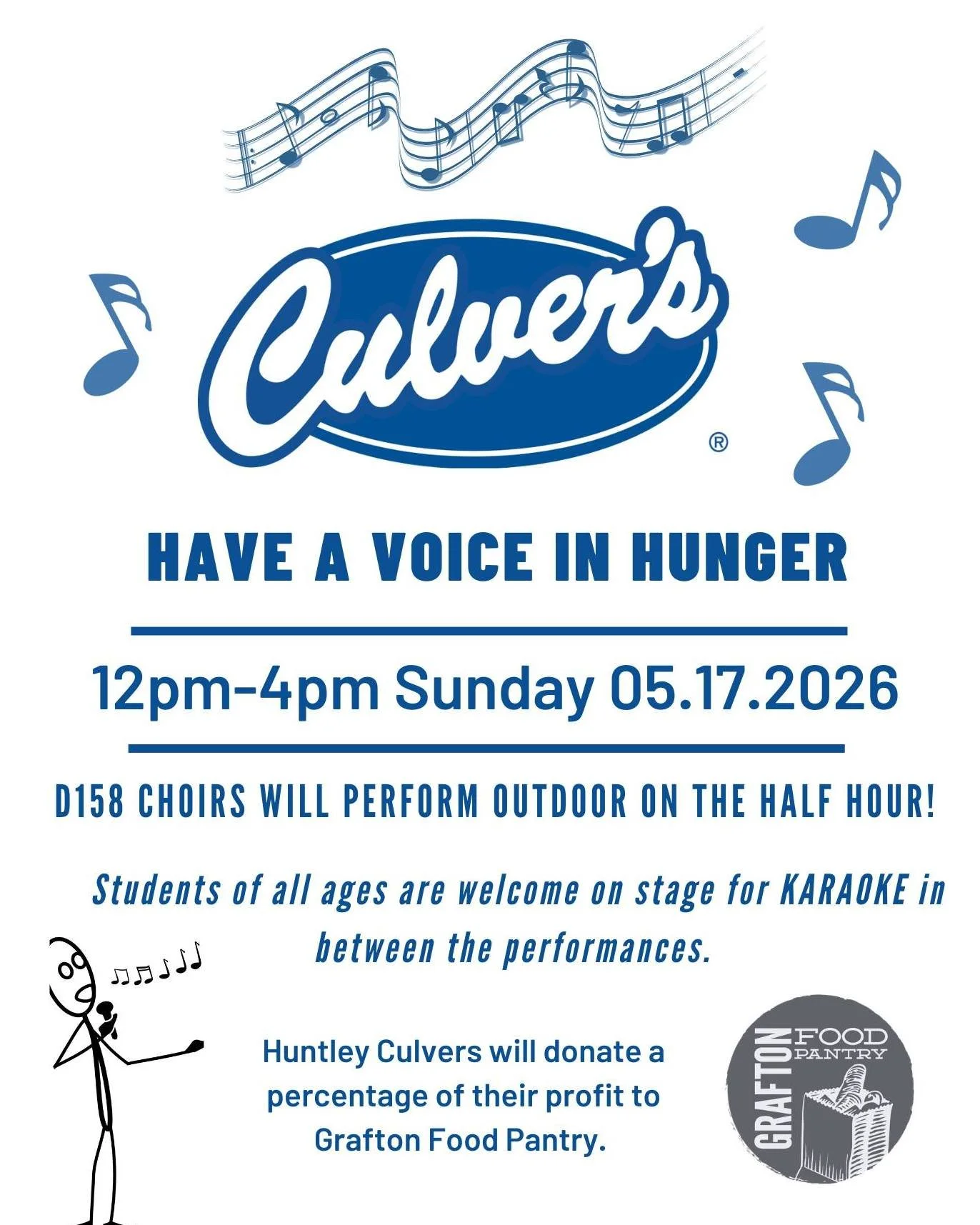 Today&rsquo;s the day! 🎤🎶 Stop by Culver&rsquo;s in Huntley from 12&ndash;4 PM for Have a Voice in Hunger and support Grafton Food Pantry.

🎵 Live D158 choir performances every half hour
🎤 Karaoke open to students of all ages
🍔 Eat local&mdash;g