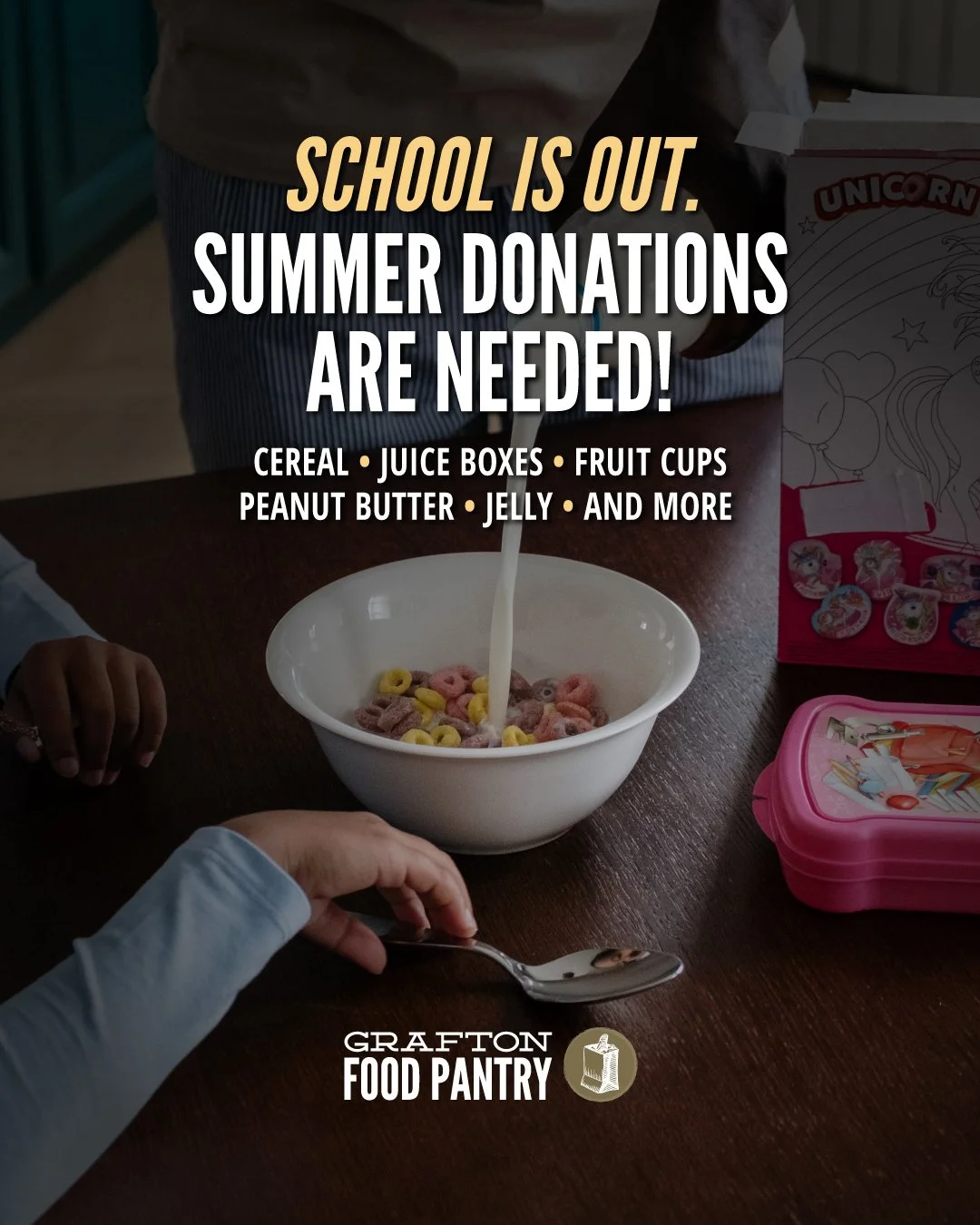 School is out, but hunger isn't.
Many local children lose access to school breakfasts and lunches during the summer. You can help by donating kid-friendly items such as:

🧃 Juice boxes
🍎 Fruit cups
🥪 Sandwich supplies
🥣 Cereal
🍪 Healthy Snacks

