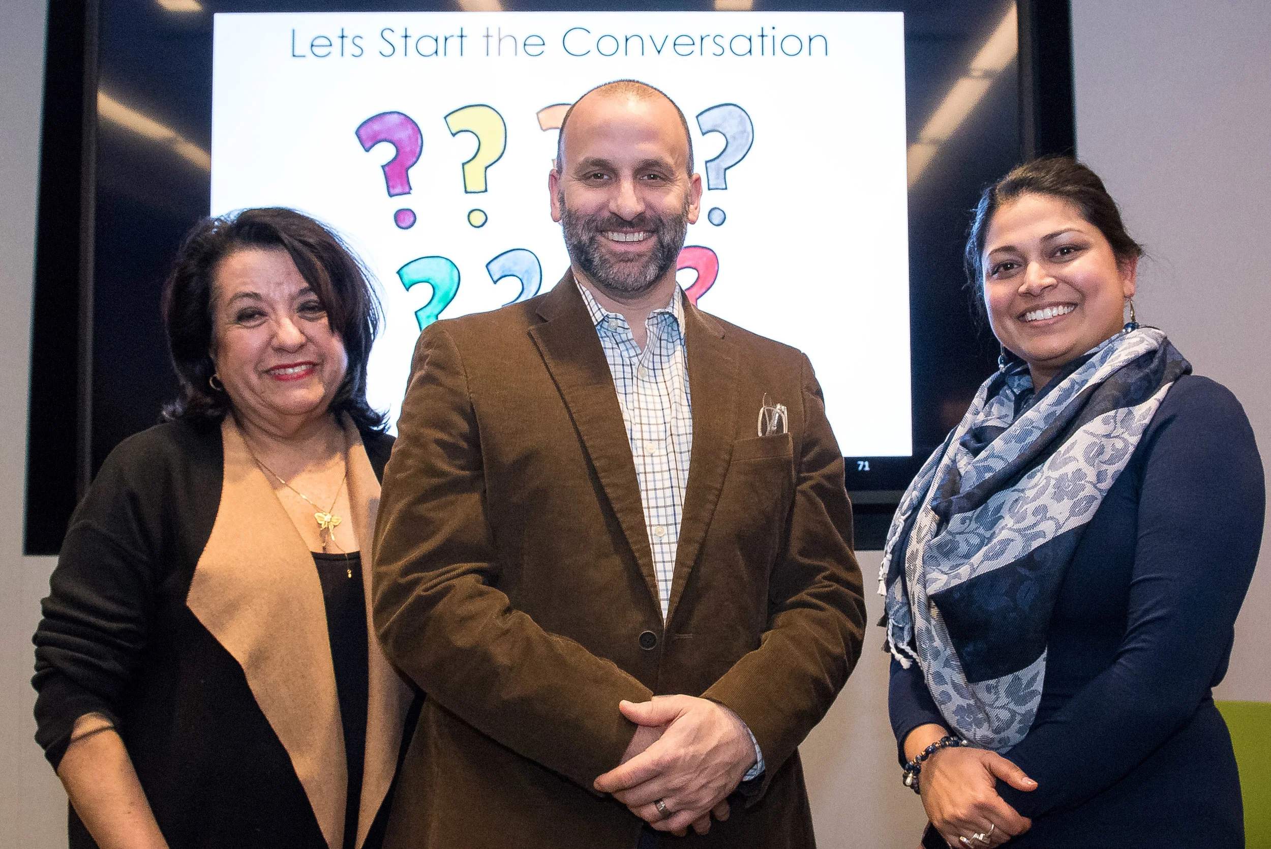 Dr. Teresa Córdova (left), Frank Adams (center), and Dr. Rita Raichoudhuri (right) at the Multiple Choice event.