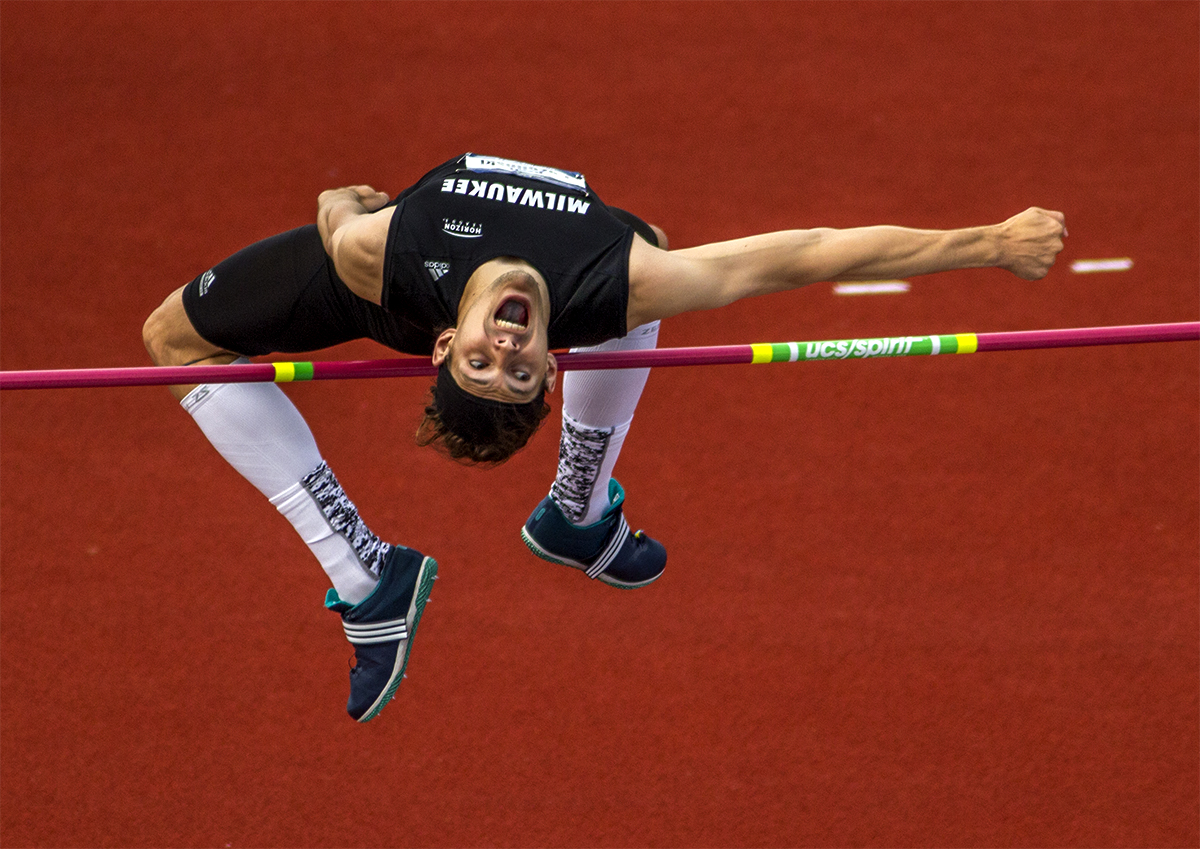  Wis.-Milwaukee's Brett Pozolinski clears the bar in the high jump competition. Pozolinski placed tenth with a final height of 2.14m at the 2016 NCAA Championships in Eugene, Ore. 