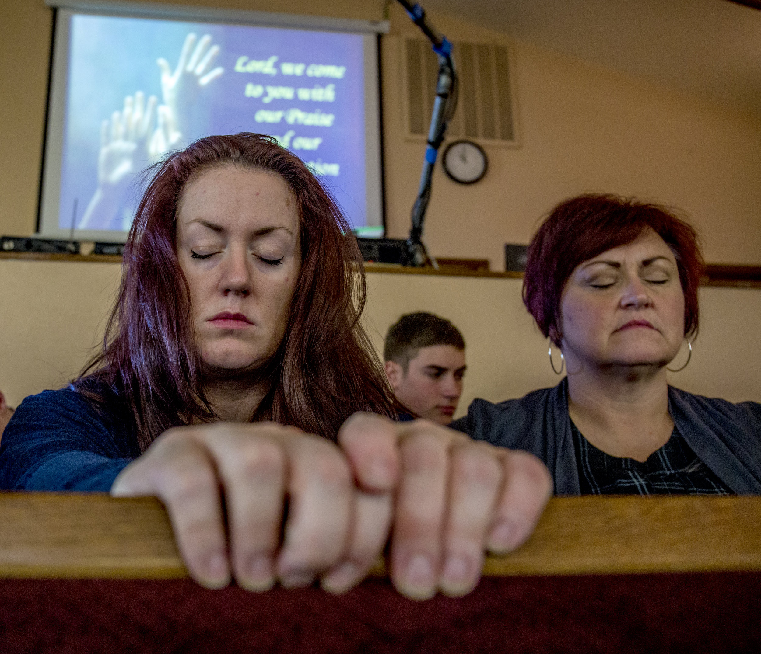   Sarah sits in the Marcola Christian Church with her cousin Violet Gott. Sarah called Violet after turning herself in, and they began attending Springfield’s Celebrate Recovery meetings together. Sarah and Violet share a history of using drugs datin