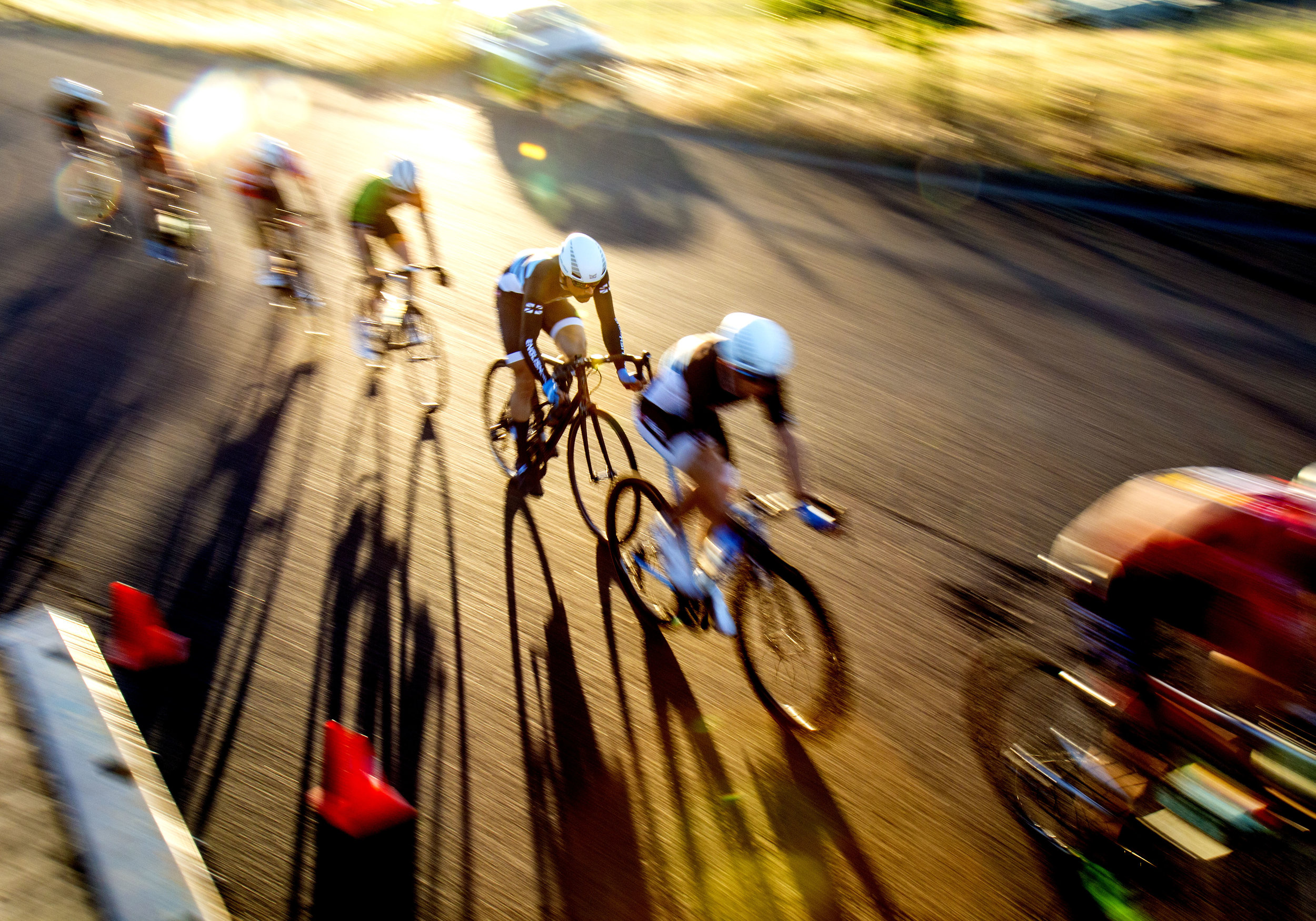  The English Cycles Racing Team makes their way down the finishing stretch of the Twilight Criterium Series in Eugene on Tuesday, July 11, 2017. Rob English would go onto win the race in a two-man sprint for the line. (August Frank/The Register-Guard