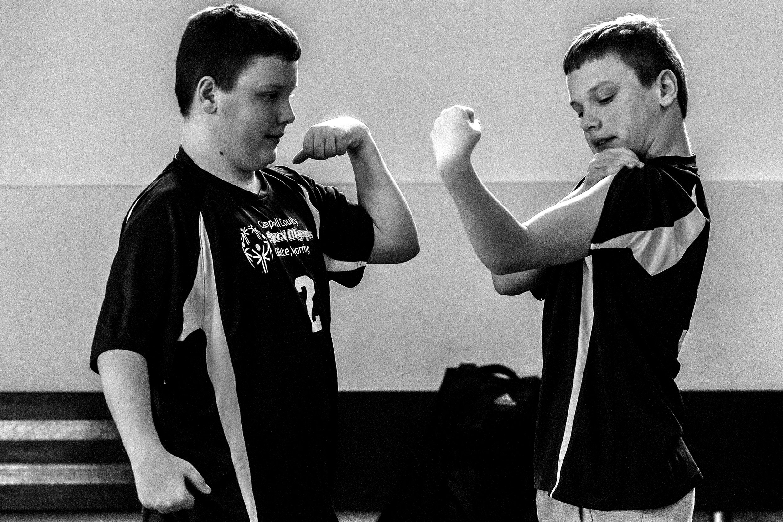  Brothers Levi, left, and Lucas Kyle, both 12, compare their muscles ahead of the Special Olympic Area Games on Thursday, April 11, 2019, at the Rec Center. The brother said they enjoyed basketball, swimming, soccer and bowling. 