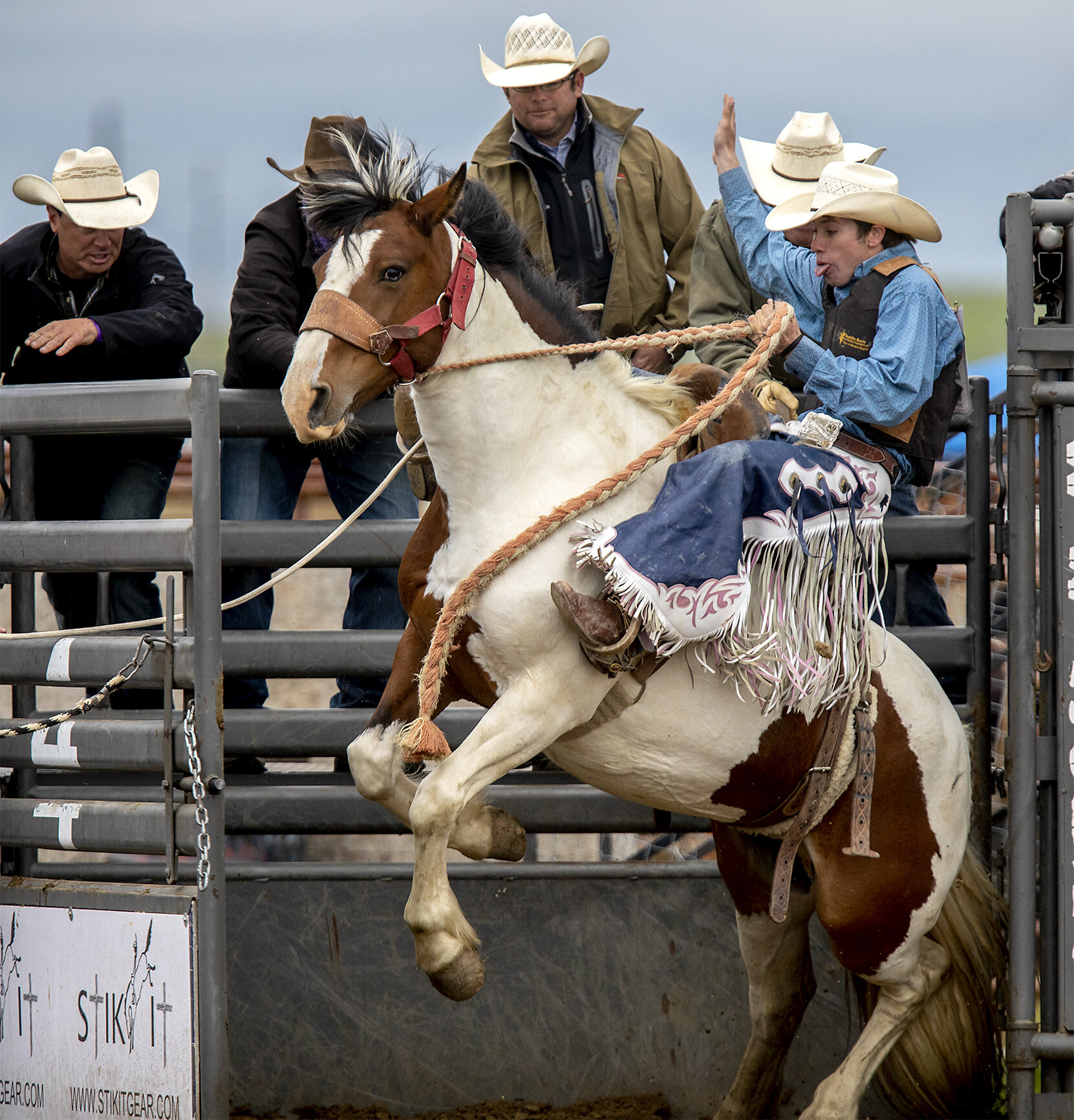  Jase Longwell's bucking horse emerges from the chute as he begins his ride in the saddle bronc competition on Saturday, June 8, 2019. 