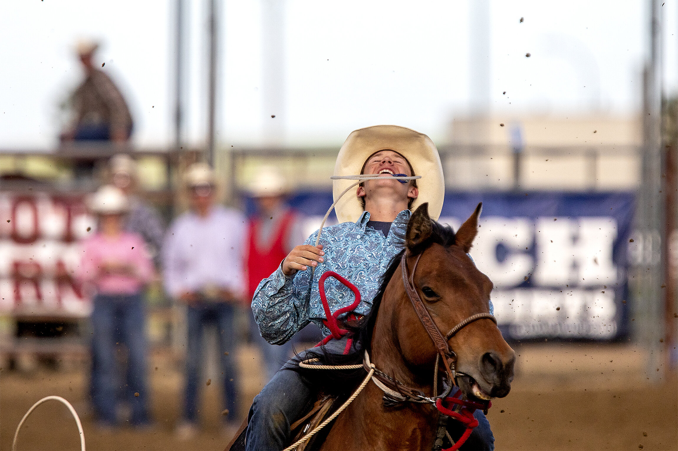  Coy Thar grimaces as his lasso misses the calf's head in the tie down calf roping competition on Thursday, June 6, 2019. 