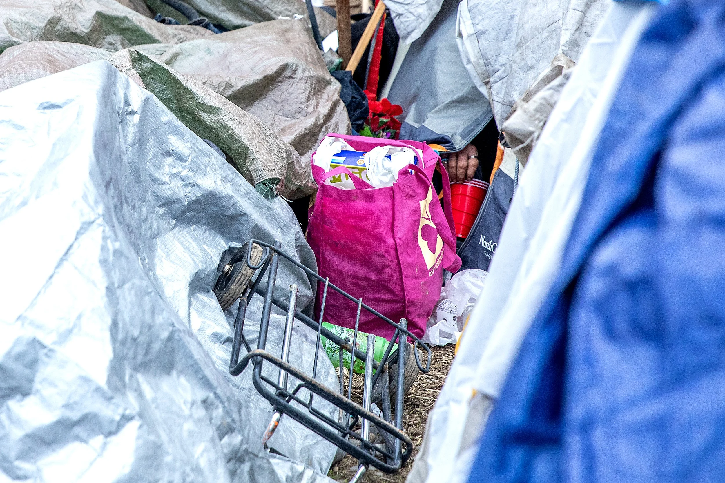  A hand reaches out from a tent at the Clarkston Homeless camp on Thursday, Jan. 11, 2024. 