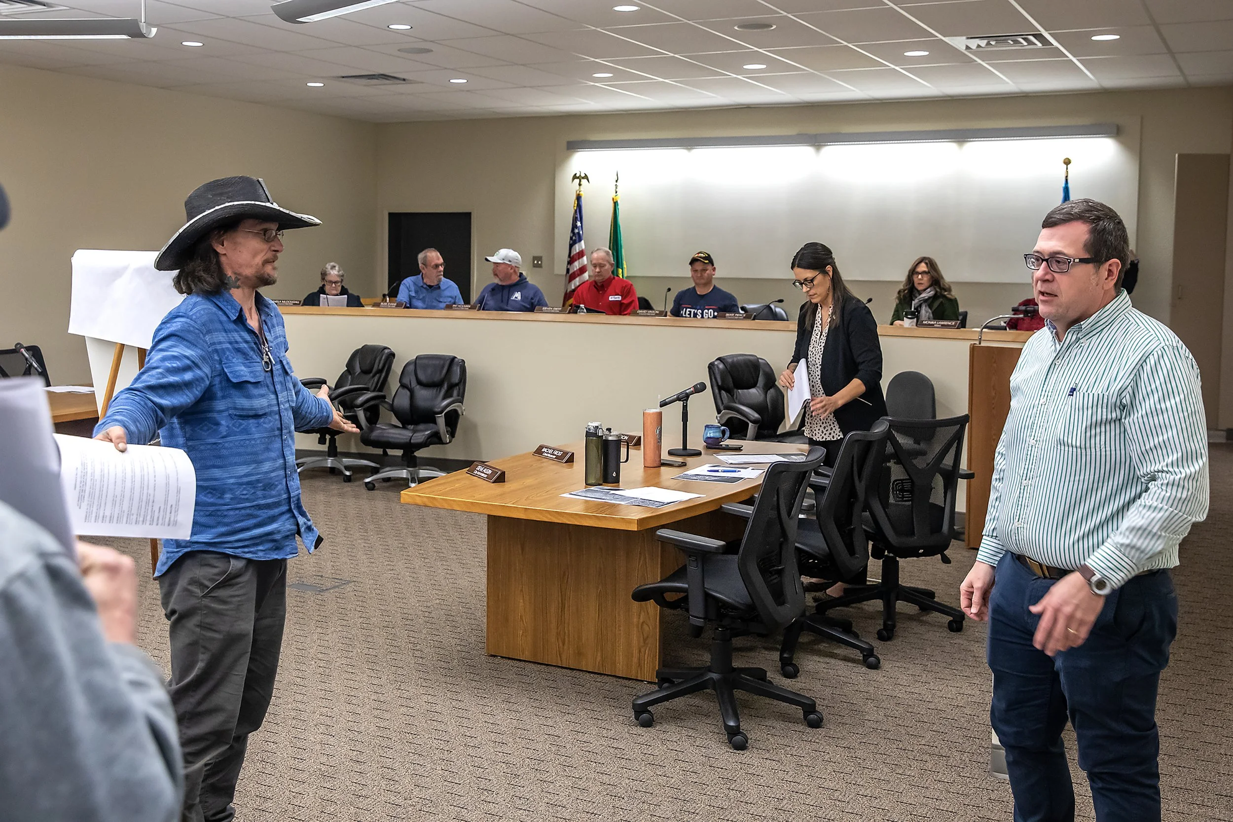  John “Cowboy” Parke confronts Steve Austin after the city council passes an ordinance that made camping near Walmart illegal and Mayor Monika Lawrence declared a “civil emergency.” While the council allowed no public comment at the emergency meeting