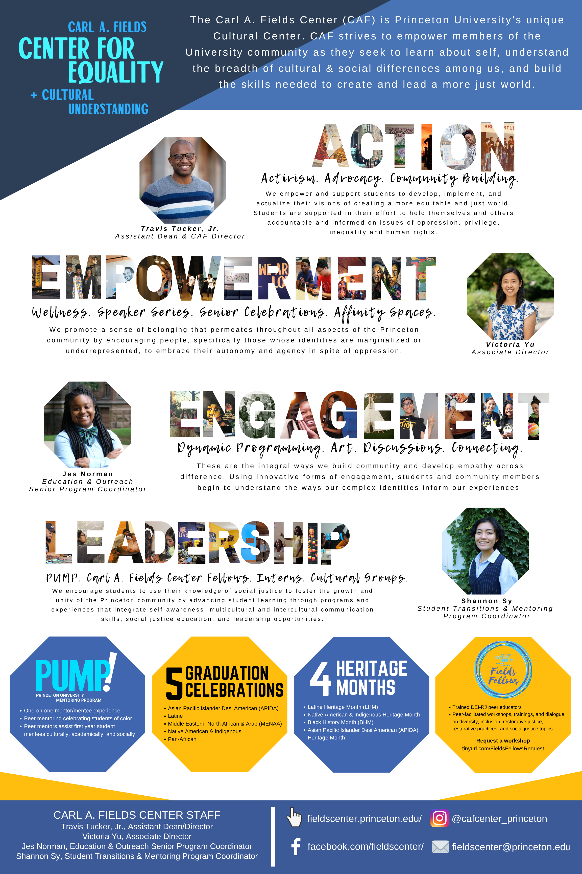 Carl A. Fields Center poster with 4 staff photos and text describing the Center.