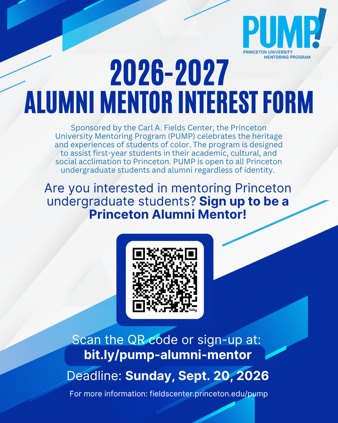 2026-2027 Alumni Mentor Interest Form with blue text and a QR code with the interest form.