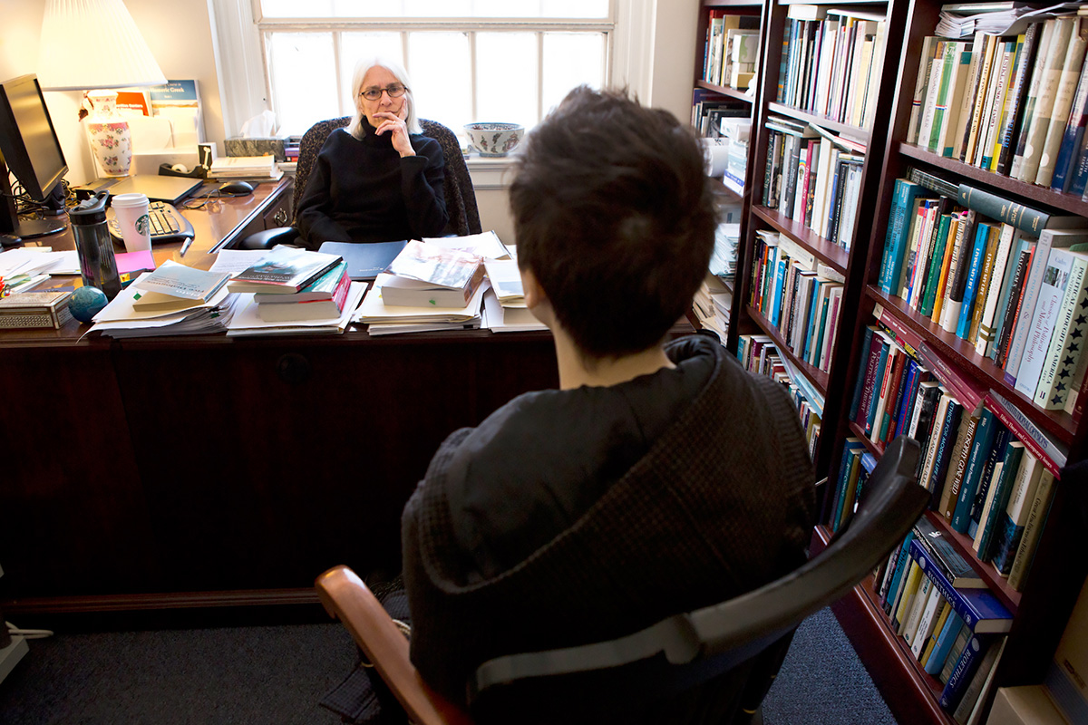 Bosch meets with their Philosophy Professor, Nina Mikhalevsky, during her office hours to discuss that Bosch does not want to be called 'Kaitlin' during class.