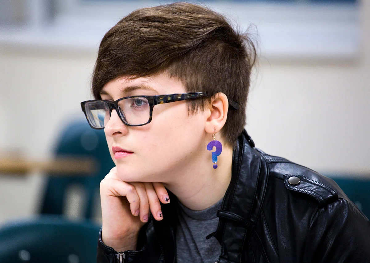 Bosch attends their last Chinese class of the fall semester before exam week begins at the University of Mary Washington. Bosch started questioning their gender identity in high school.
