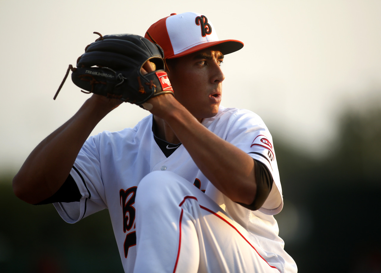 Robert Stephenson, pitcher for the Bakersfield Blaze, throws a few warm-up pitches before his debut game vs. Visalia at Sam Lynn Ballpark in Bakersfield, Calif. Stephenson, whose fastest ball averages 95 mph, is the top pitching prospect in the Cincinnati organization and was recently assigned to the Bakersfield Blaze team by the Cincinnati Reds. 