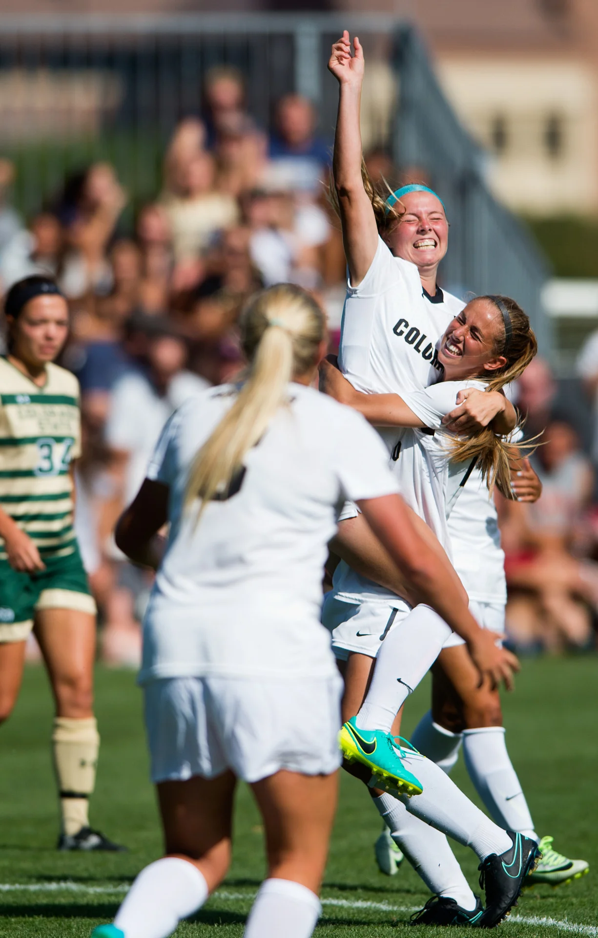 CU’s Danica Evans celebrates after scoring the second goal for the Buffs during the soccer game at Prentup Field at CU Boulder in Boulder, Colo. CU Boulder defeated CSU 2-1.