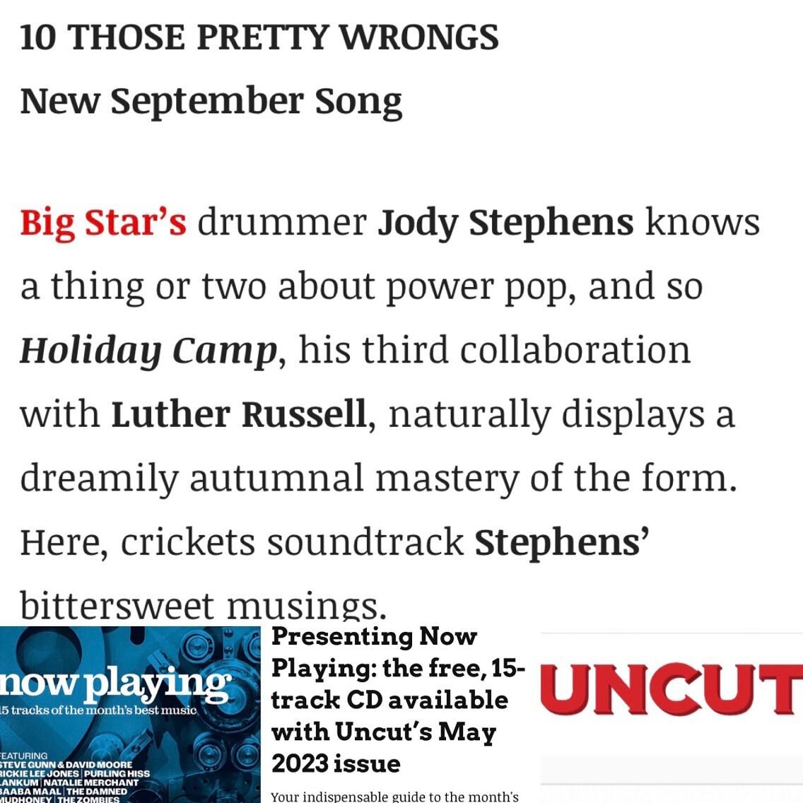 Run out and pick up a copy of the new @uncut_magazine so you can hear our new jam &ldquo;September Song&rdquo; on the covermount CD! &ldquo;Holiday Camp out on @curation_records MARCH 31st!!! &mdash;Jody &amp; Luther #jodystephens #luthrrussell #bigs