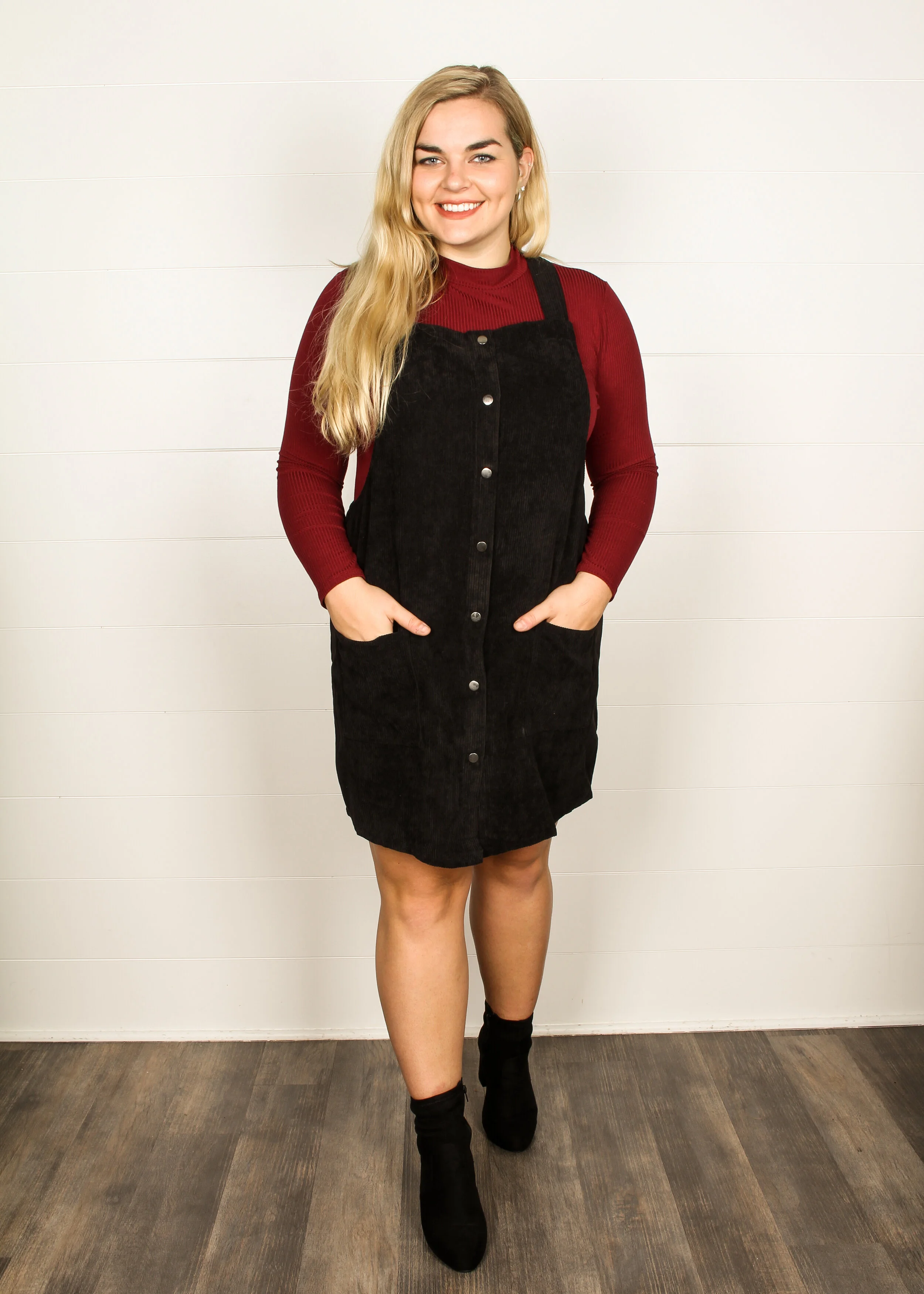 black corduroy overall dress