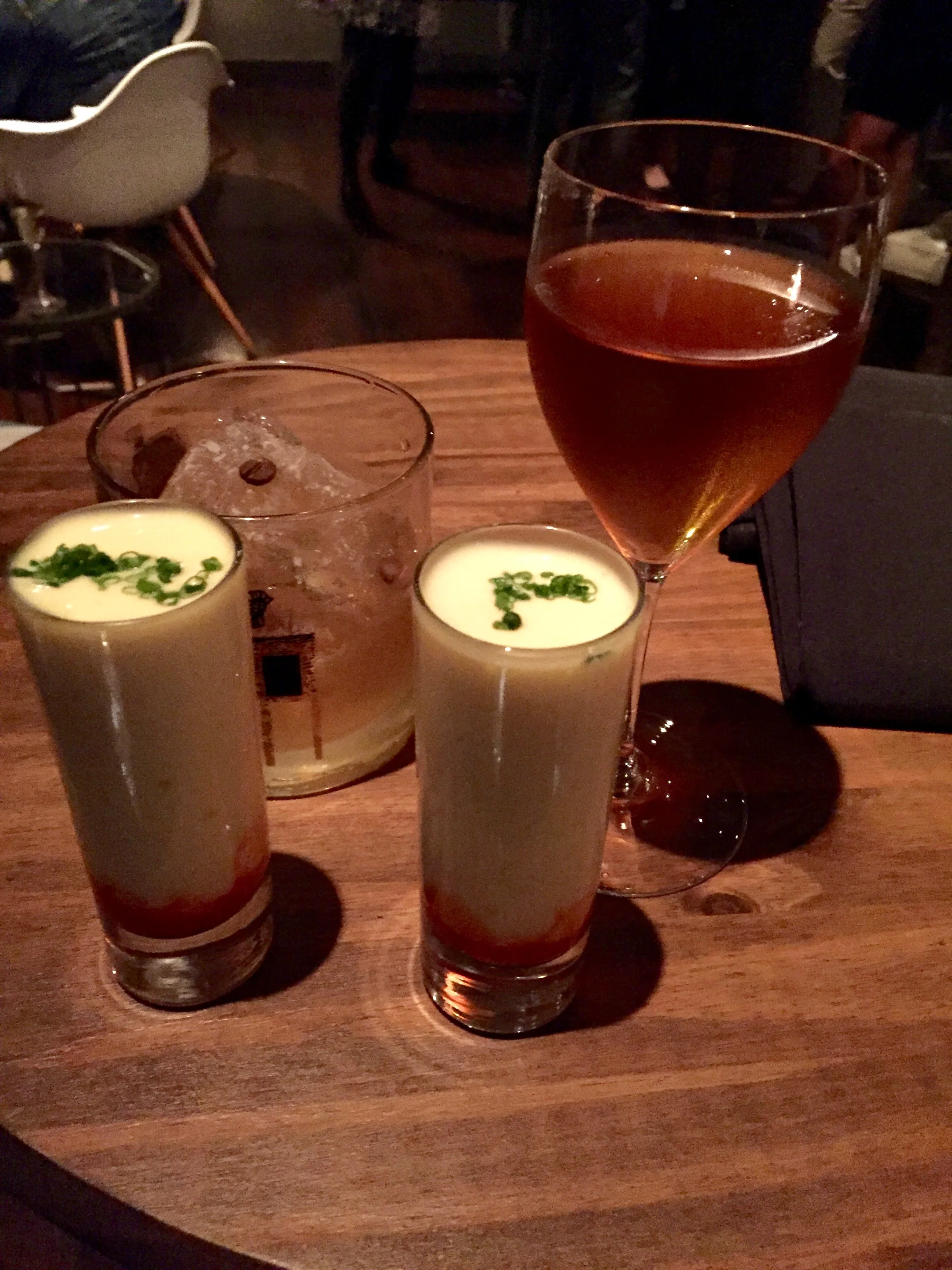 Cocktails &amp; Whipped eggs with a sriracha sauce - I seriously dream of these shooters. They are so damn good.