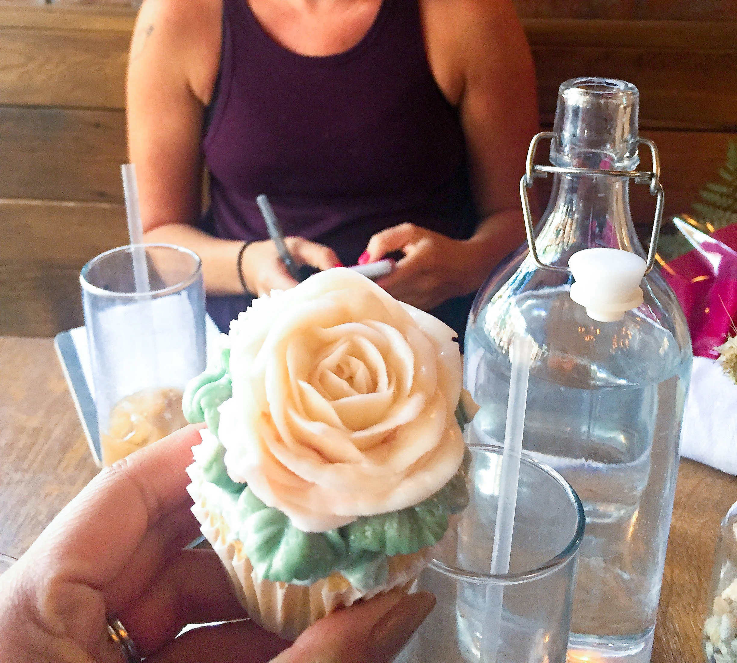 Liz working while I'm taste testing the cupcakes
