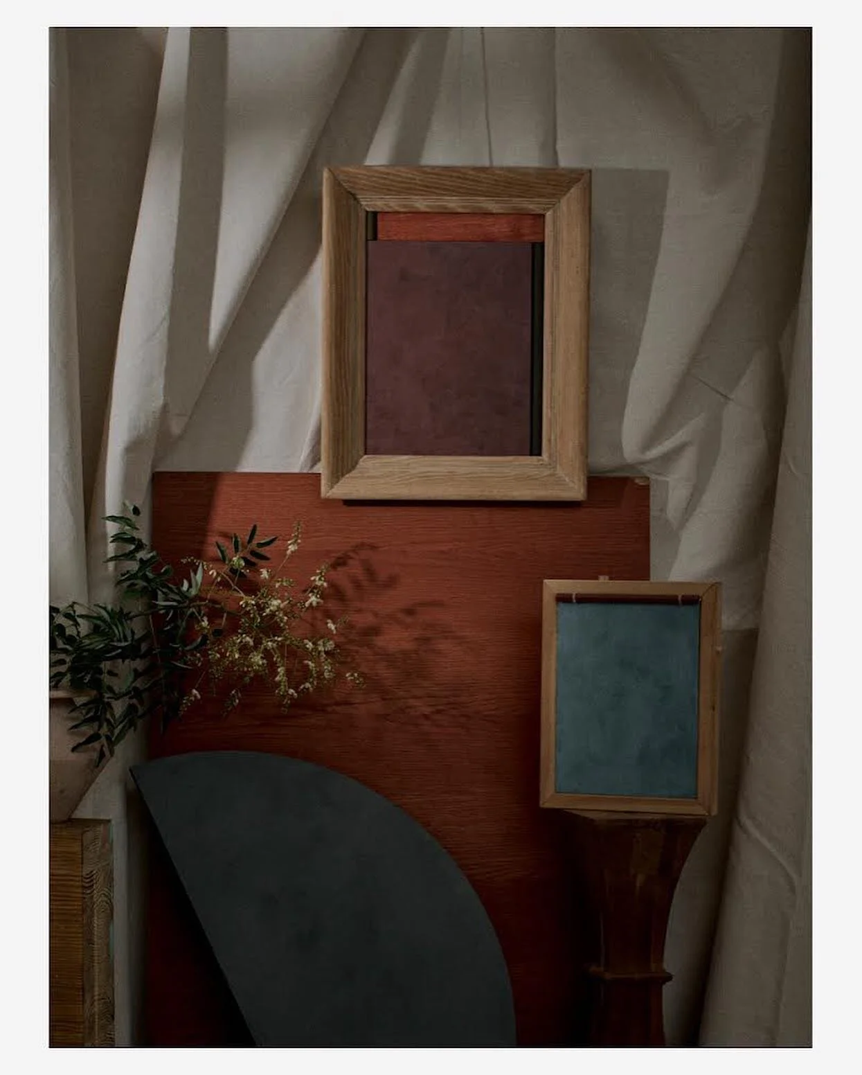 new paintings / assemblages made using set scraps.

the top one uses a dowel rod that has been sitting in my studio with me for half a decade &amp; @portolapaints roman clay. The bottom is scraps of wood and leather and a frame made with old ikea bed