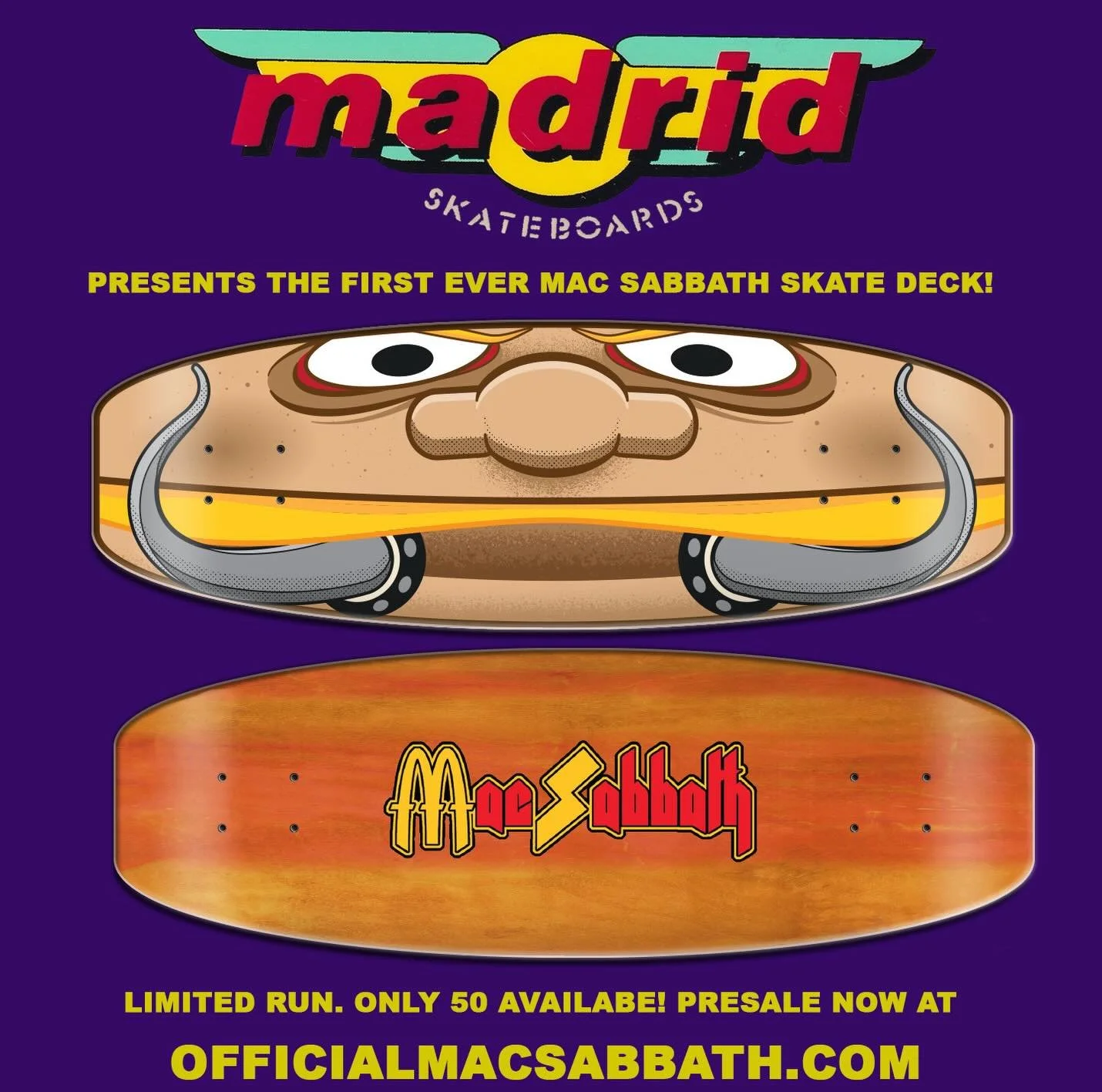 @madridskateboards combos w @officialmacsabbath for the first #macsabbath skate deck! 9x27&rdquo; 70&rsquo;s style Stained veneer wood showing w Logo on top and #slayermaccheeze on the bottom. made in CA USA. Very limited collectable run. Only 50 ava