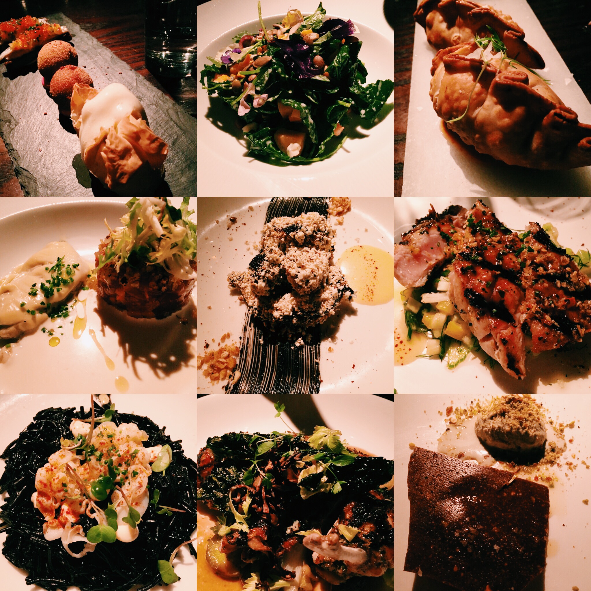 From left to right: Anchos Jardinera, smoked chicken croquetas and queso mozarabe/Butternut squash, blue cheese, baby kale, toasted seeds with Chardonnay vinaigrette/Spicy shrimp and fish empanadas/Oyster in creme fraiche with tuna tartare/Popcorn crushed baby octopus, spicy pepper squid ink aioli and preserved lemon/Grilled yellow fish tuna skirt steak/Squid ink pasta with shrimp/Grilled chicken, wild mushrooms, judion beans with a vinegar reduction/Pistachio ice cream, crushed nuts and dark chocolate. 